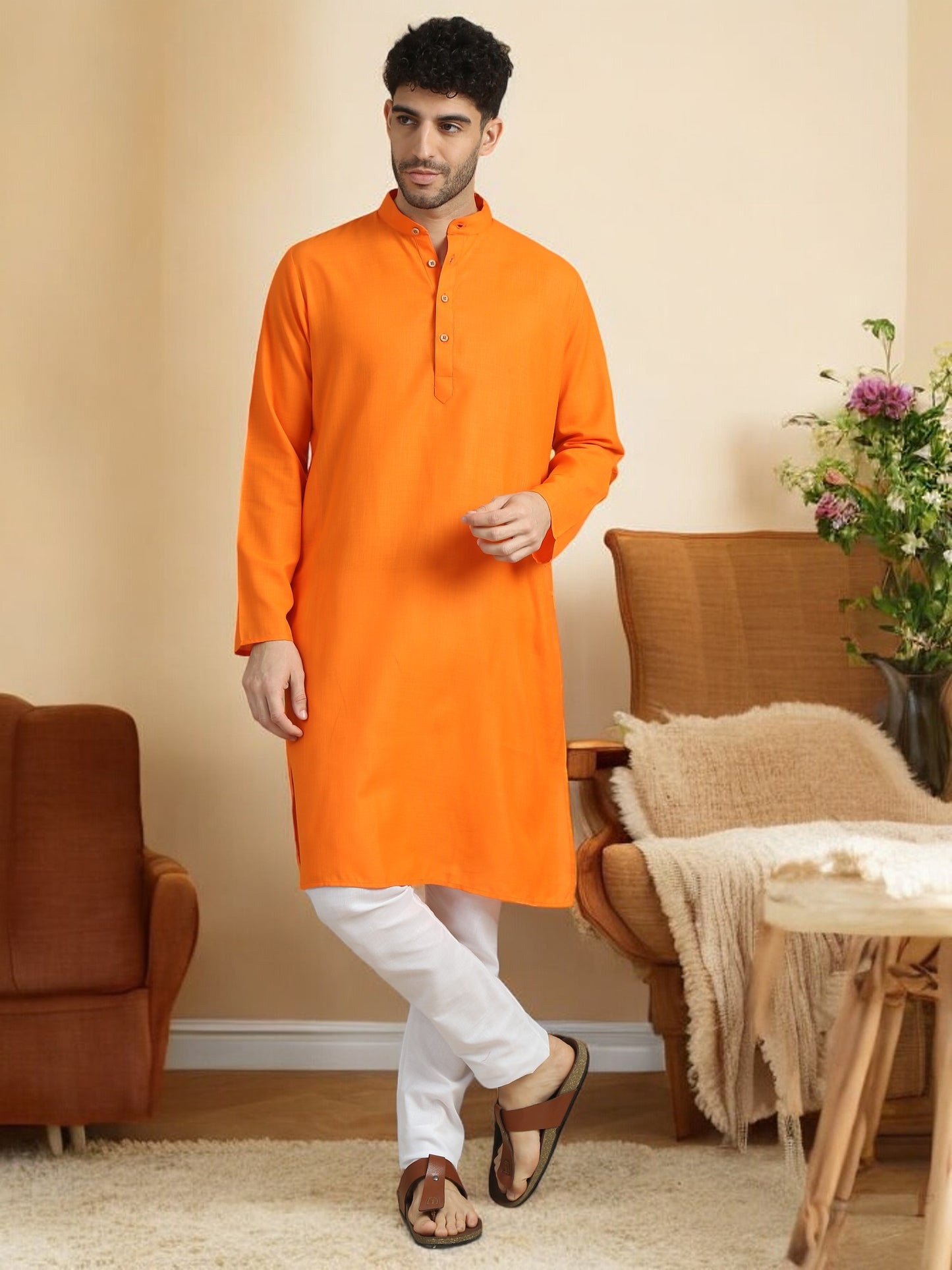 Orange Cotton Long Solid Kurta