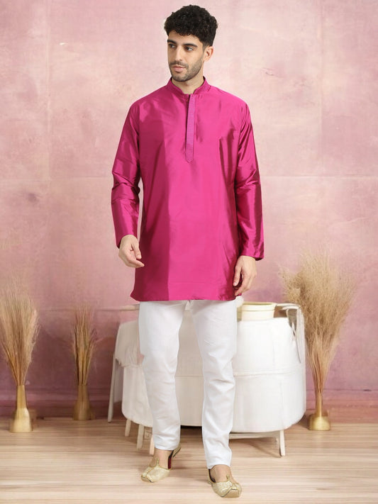 Pink Polyester Silk Solid Straight Short Kurta