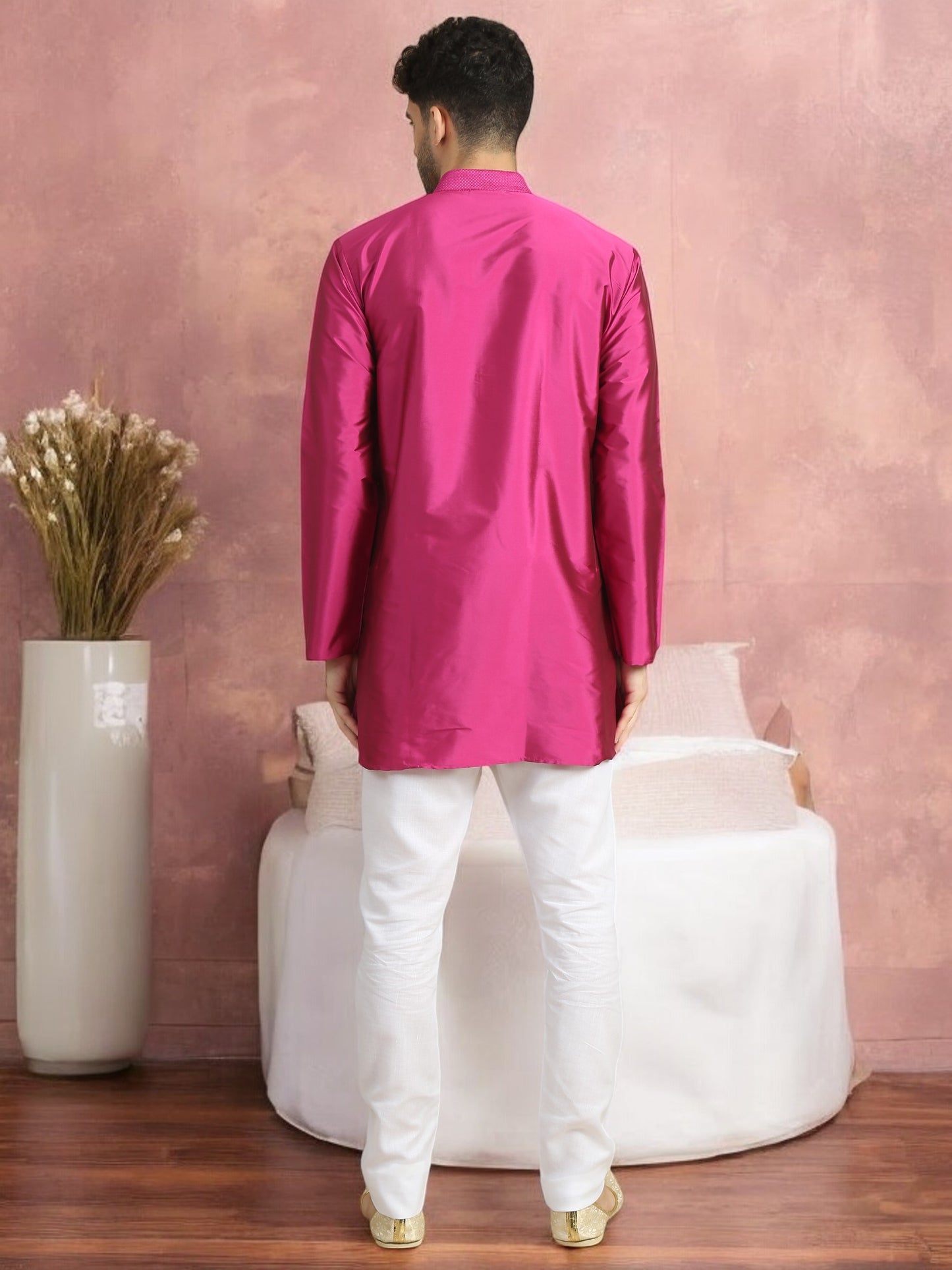 Pink Polyester Silk Solid Straight Short Kurta