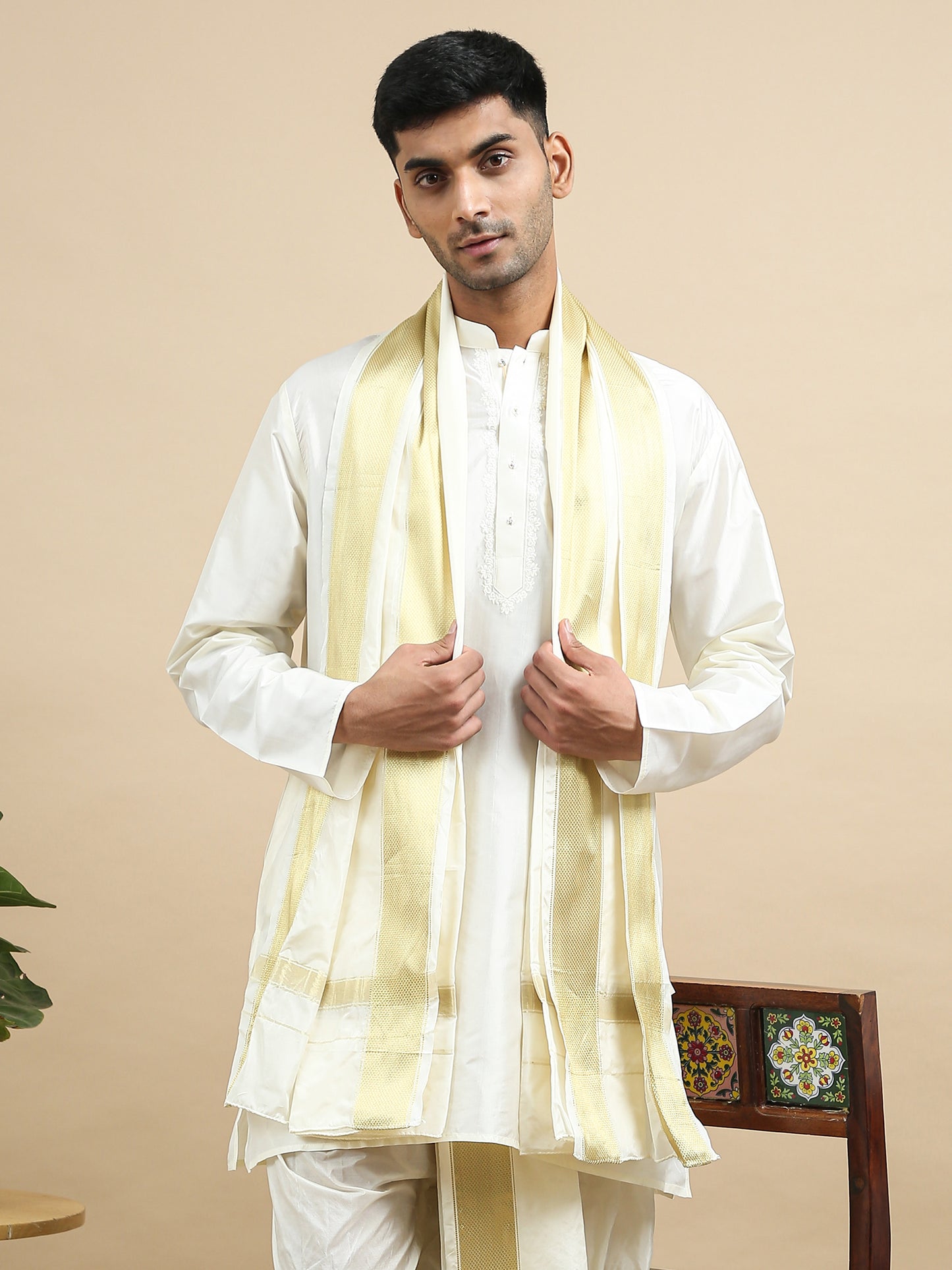 Tattva Men Pure Silk Kurta Dhoti Attached Dupatta Set