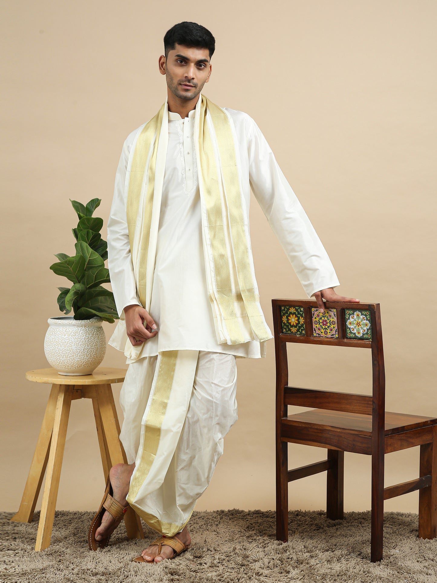 Tattva Men Pure Silk Kurta Dhoti Attached Dupatta Set