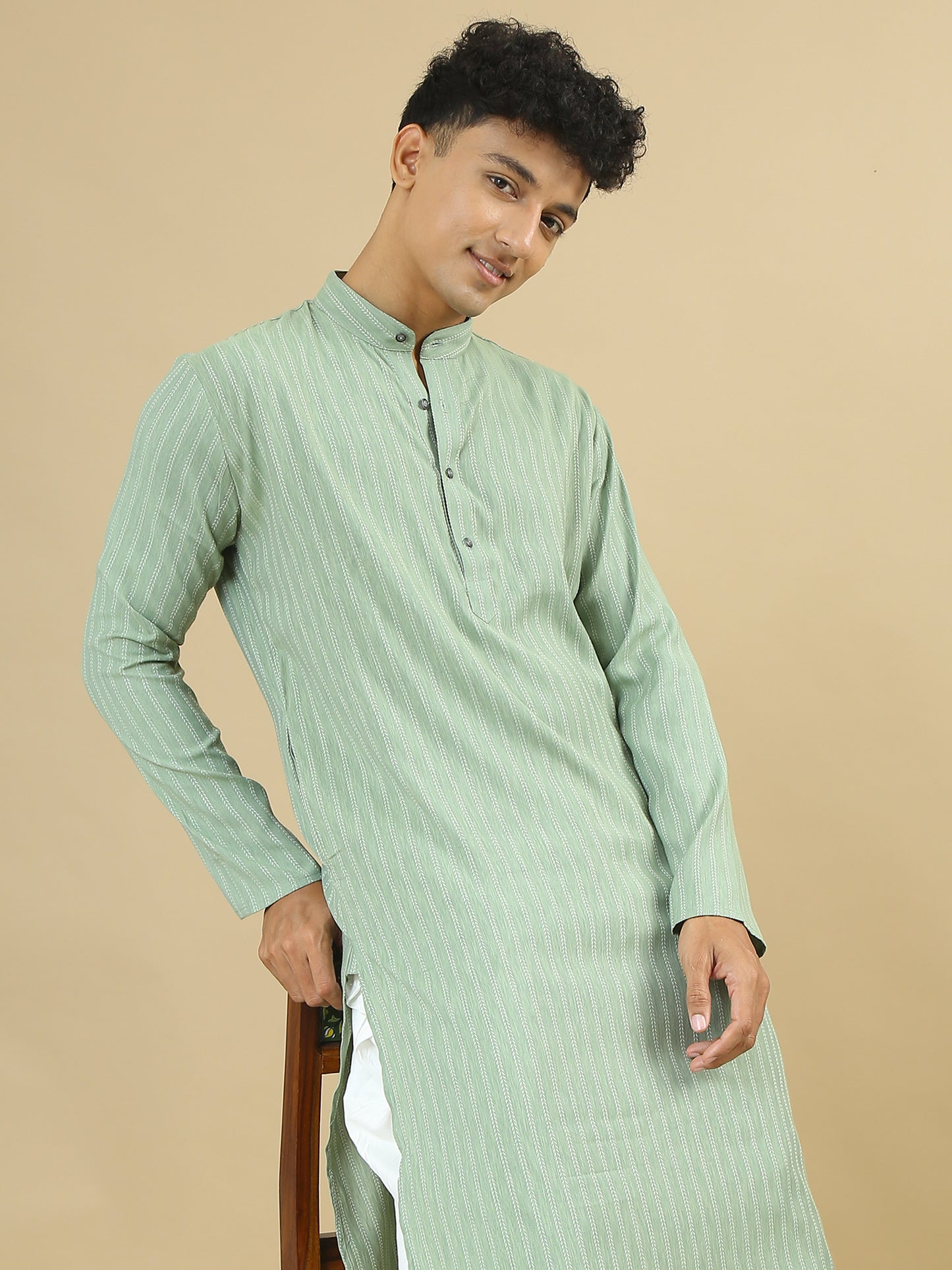 Men Striped Pure Cotton Straight Kurta Set