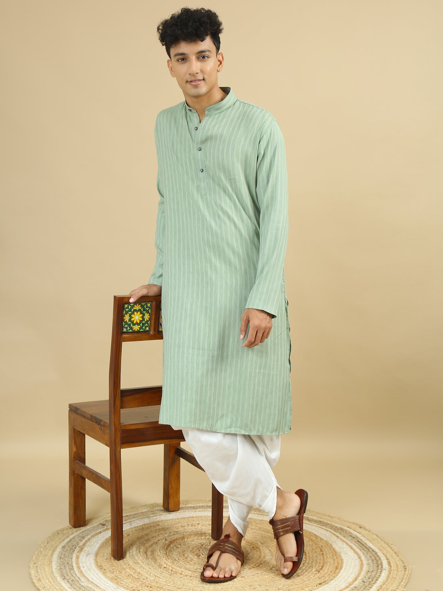 Men Striped Pure Cotton Straight Kurta Set