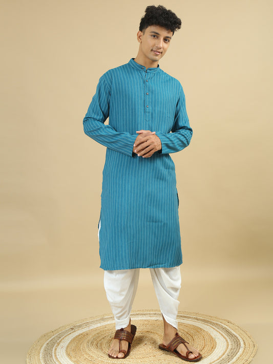 Tattva Men Blue Striped Pure Cotton Straight Kurta