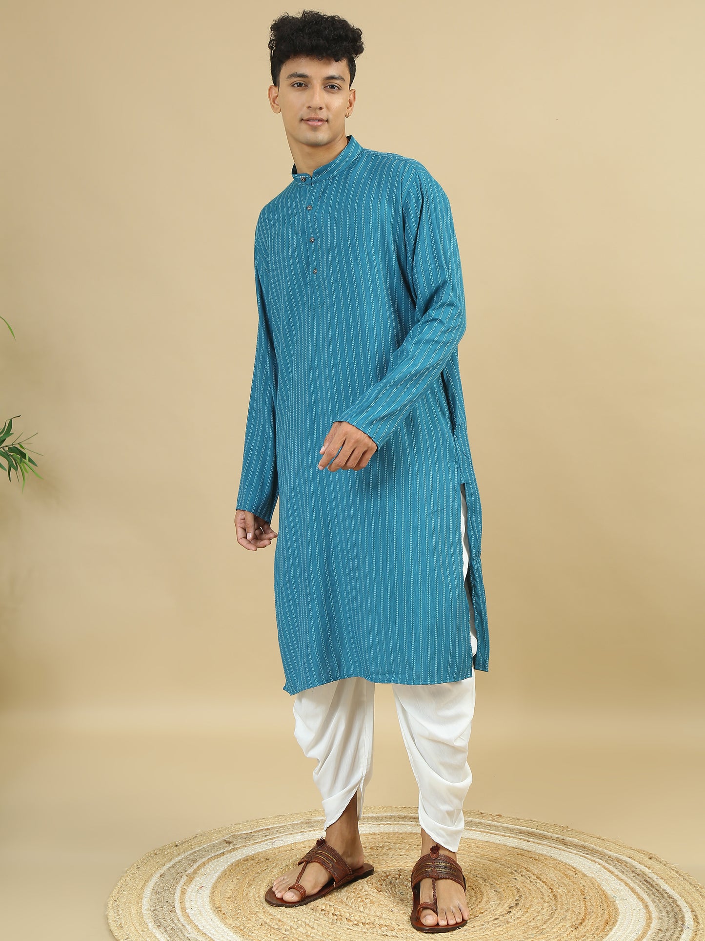 Tattva Men Blue Striped Pure Cotton Straight Kurta