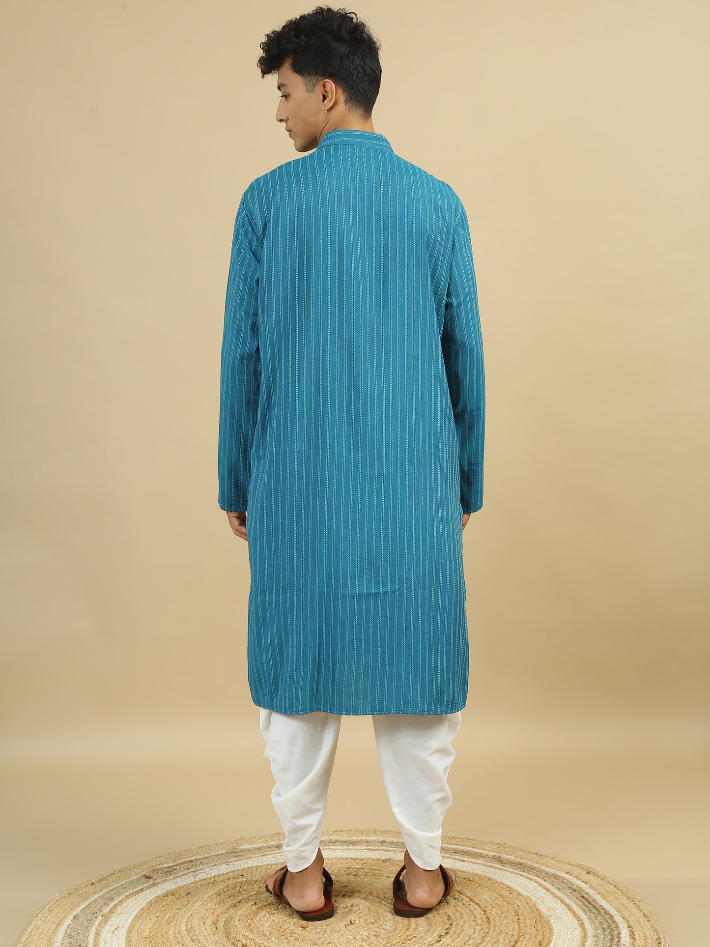 Tattva Men Blue Striped Pure Cotton Straight Kurta