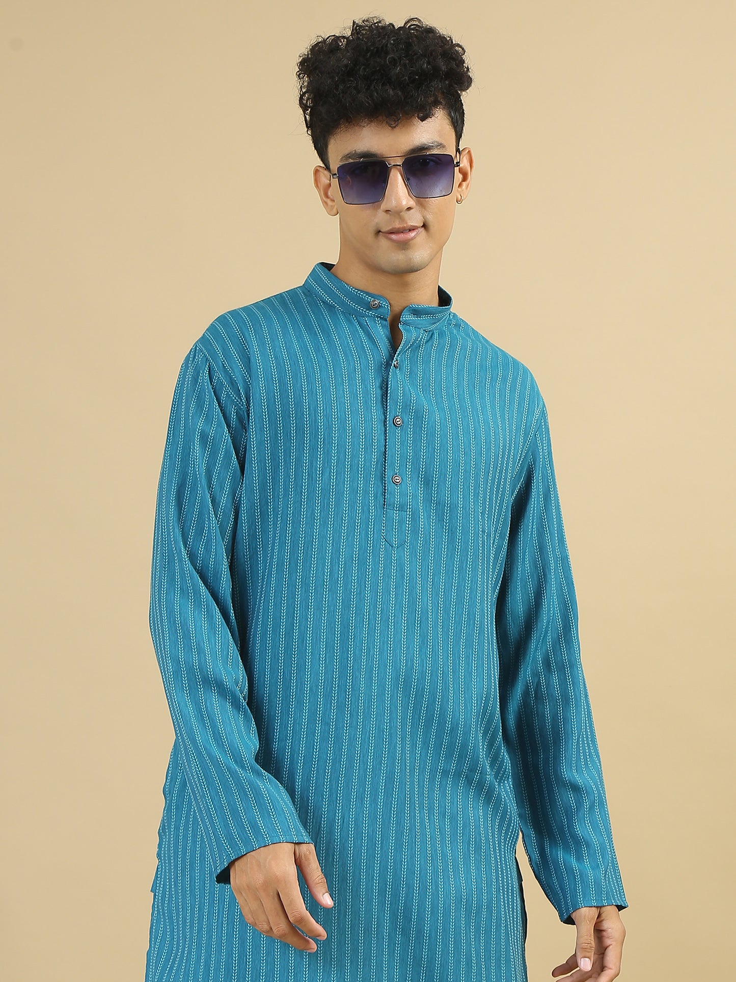 Tattva Men Blue Striped Pure Cotton Straight Kurta