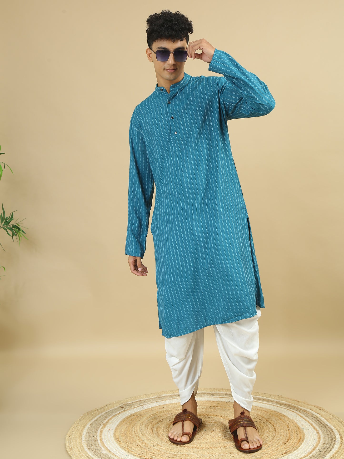 Tattva Men Blue Striped Pure Cotton Straight Kurta