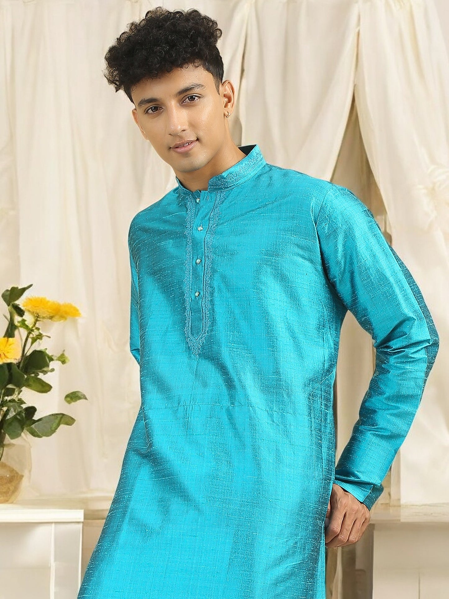 Tattva Men Applique Dupion Silk Straight Kurta