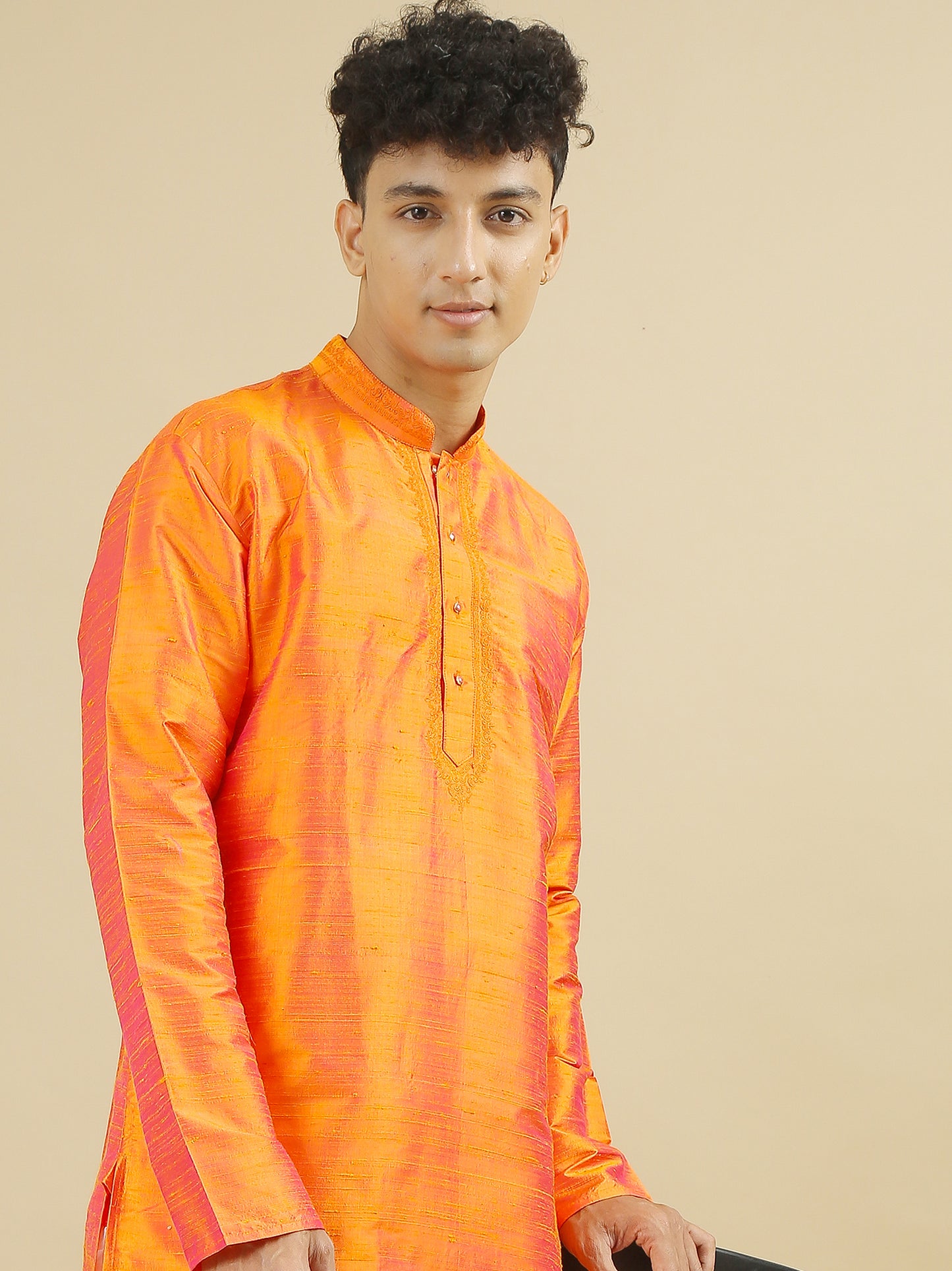 Tattva Men Applique Dupion Silk Straight Kurta