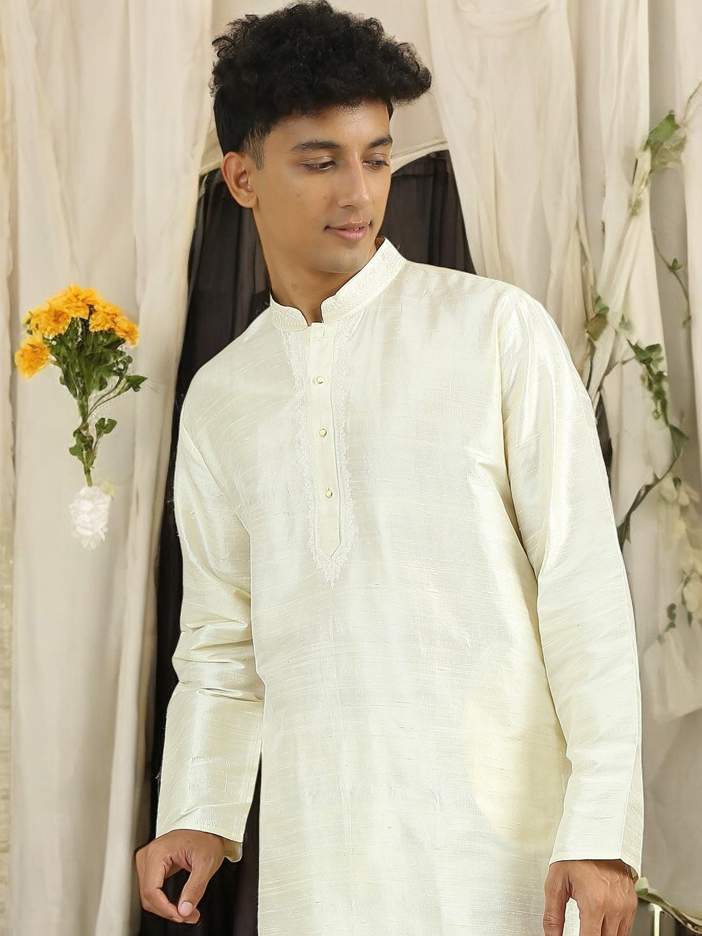 Tattva  Men Applique Dupion Silk Straight Kurta