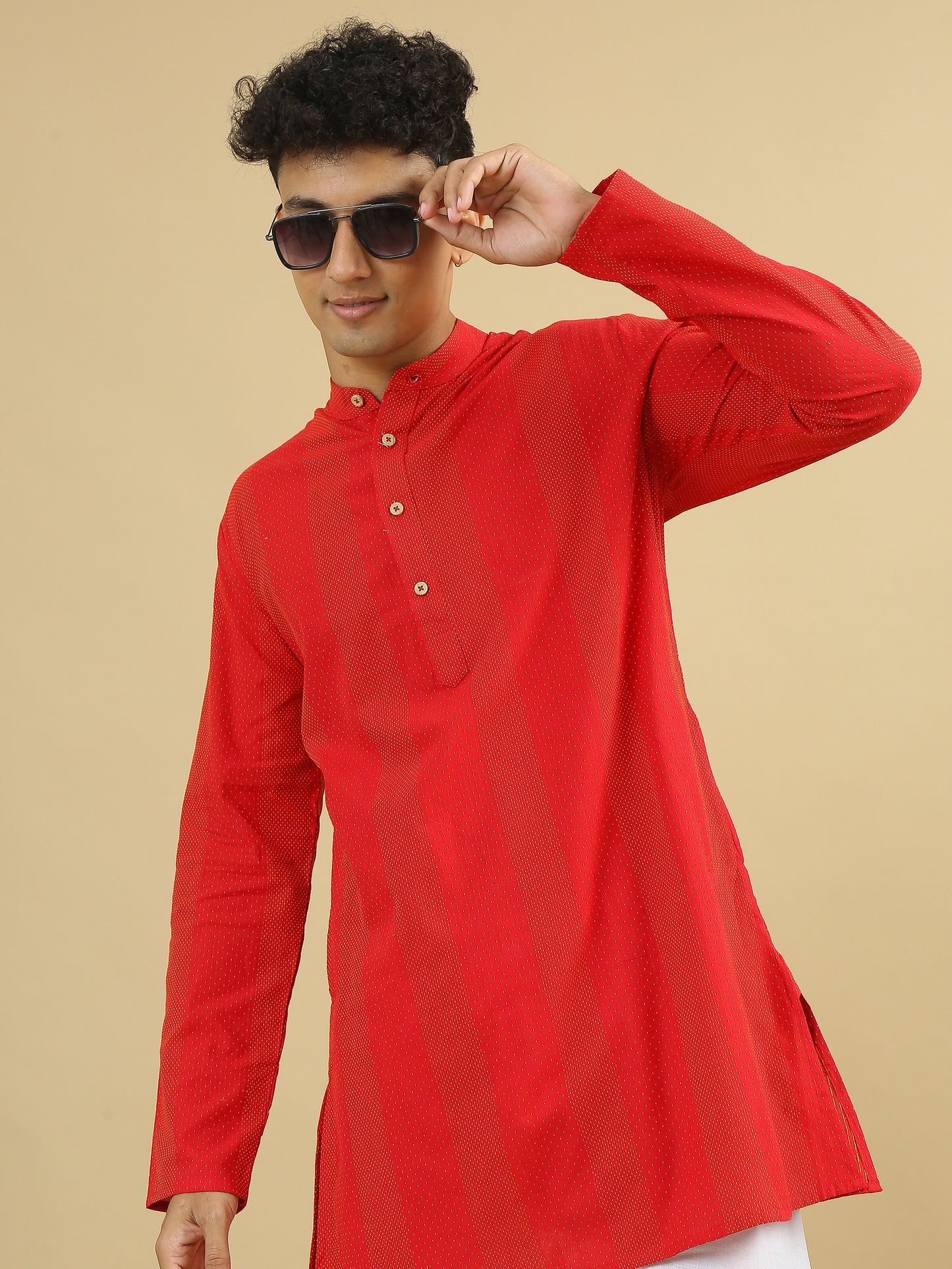 Tattva Red Geometric Printed Short Kurta