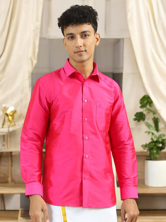 Pink Polyester Slim Fit Solid Party Shirt