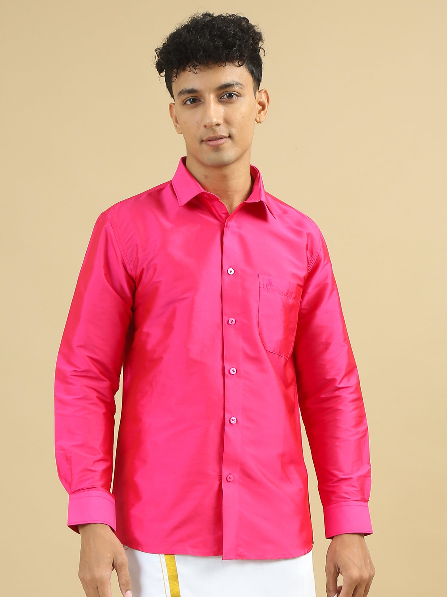 Pink Polyester Slim Fit Solid Party Shirt