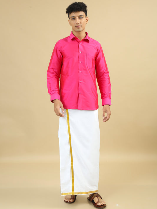 Pink Polyester Slim Fit Solid Party Shirt