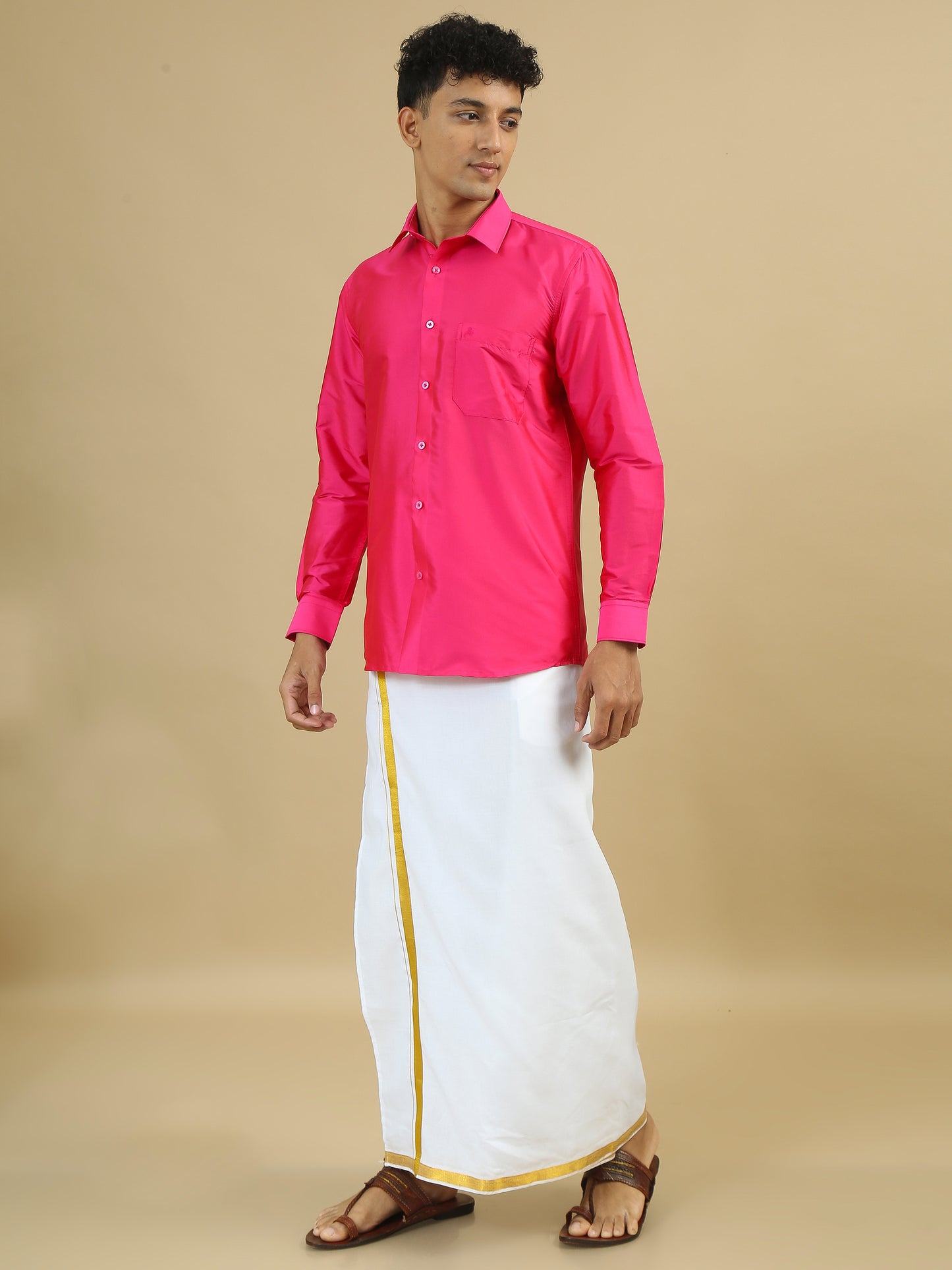 Pink Polyester Slim Fit Solid Party Shirt