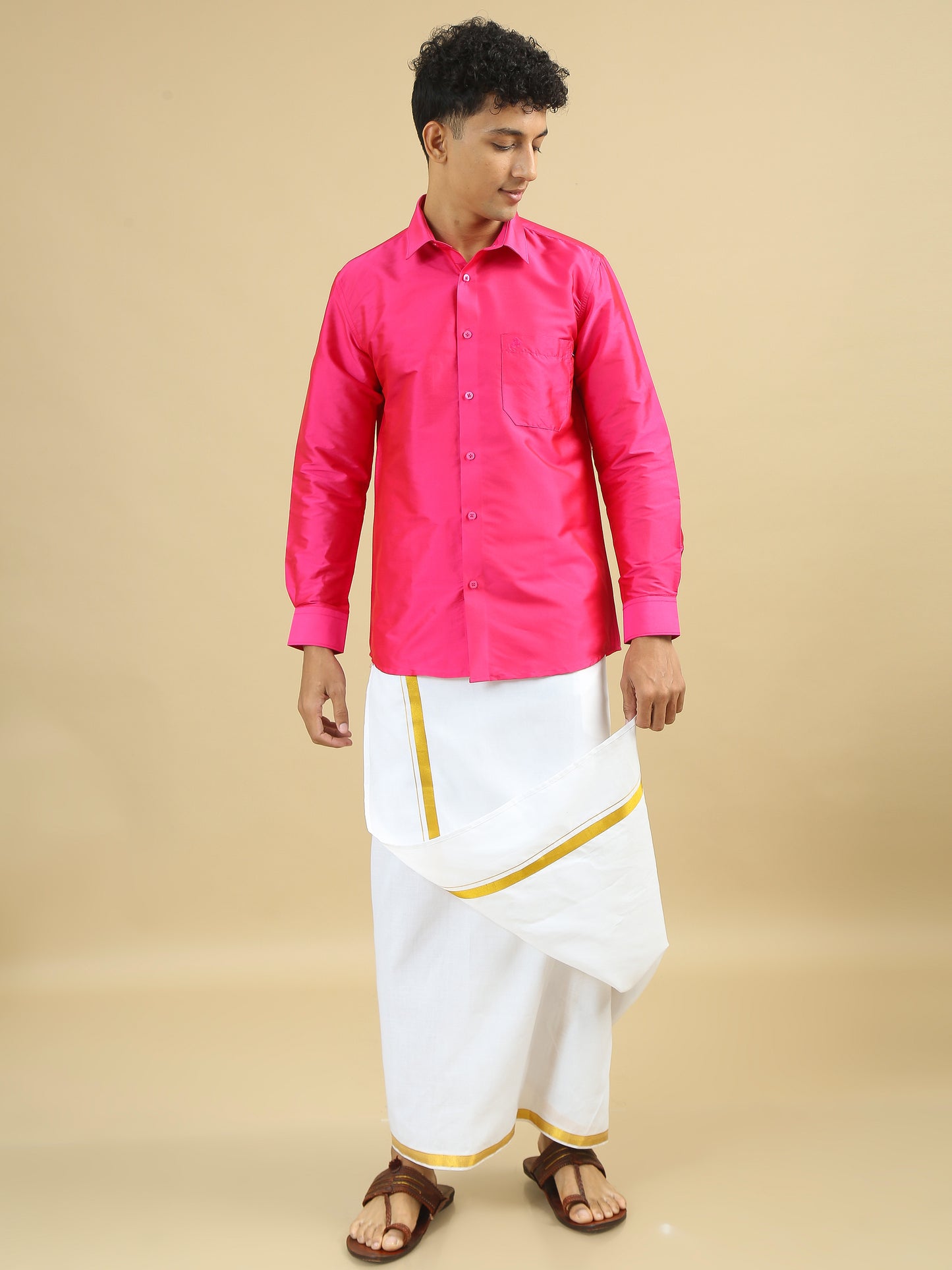 Pink Polyester Slim Fit Solid Party Shirt