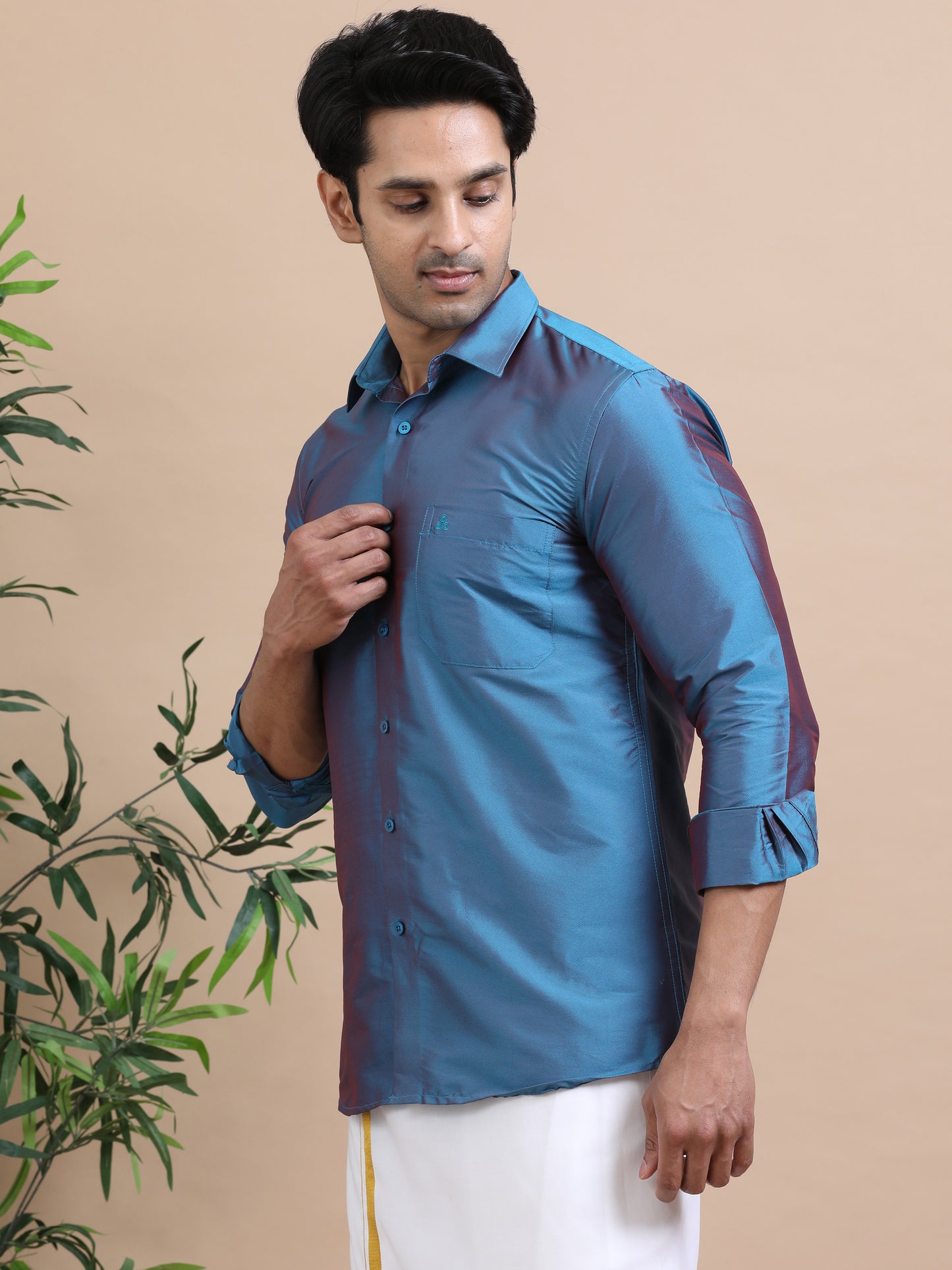 Tattva Men Cobalt Blue Toned Art silk Casual Shirt