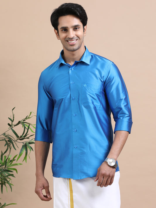 Tattva Men Royal Blue Toned Art silk Casual Shirt