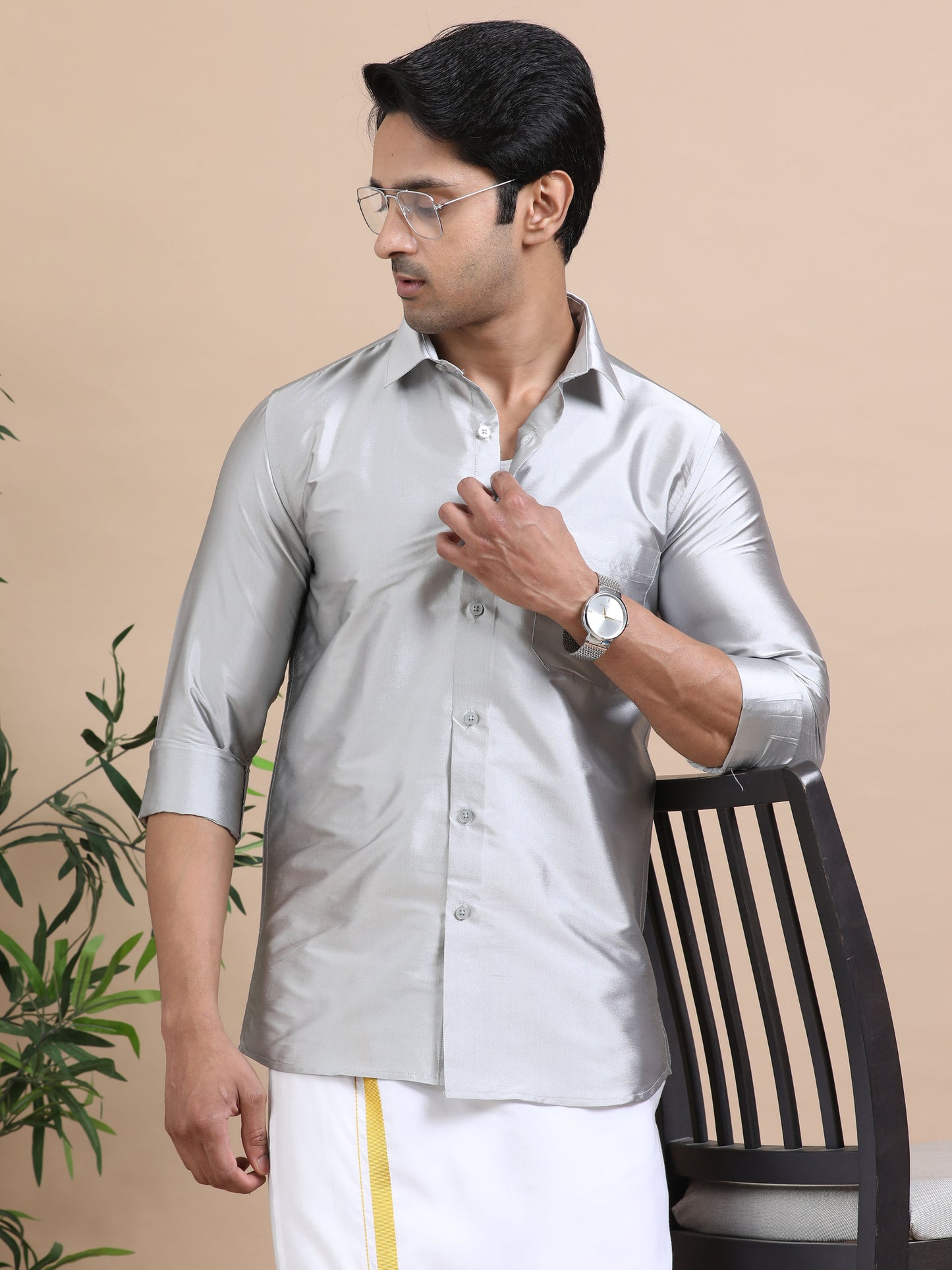 Tattva Men Grey Toned Art silk Casual Shirt