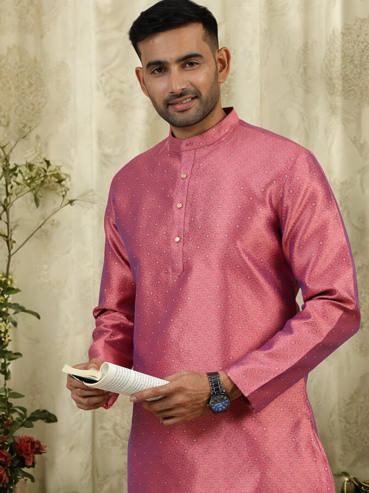 Tattva Men Pink Thread Work Kurta