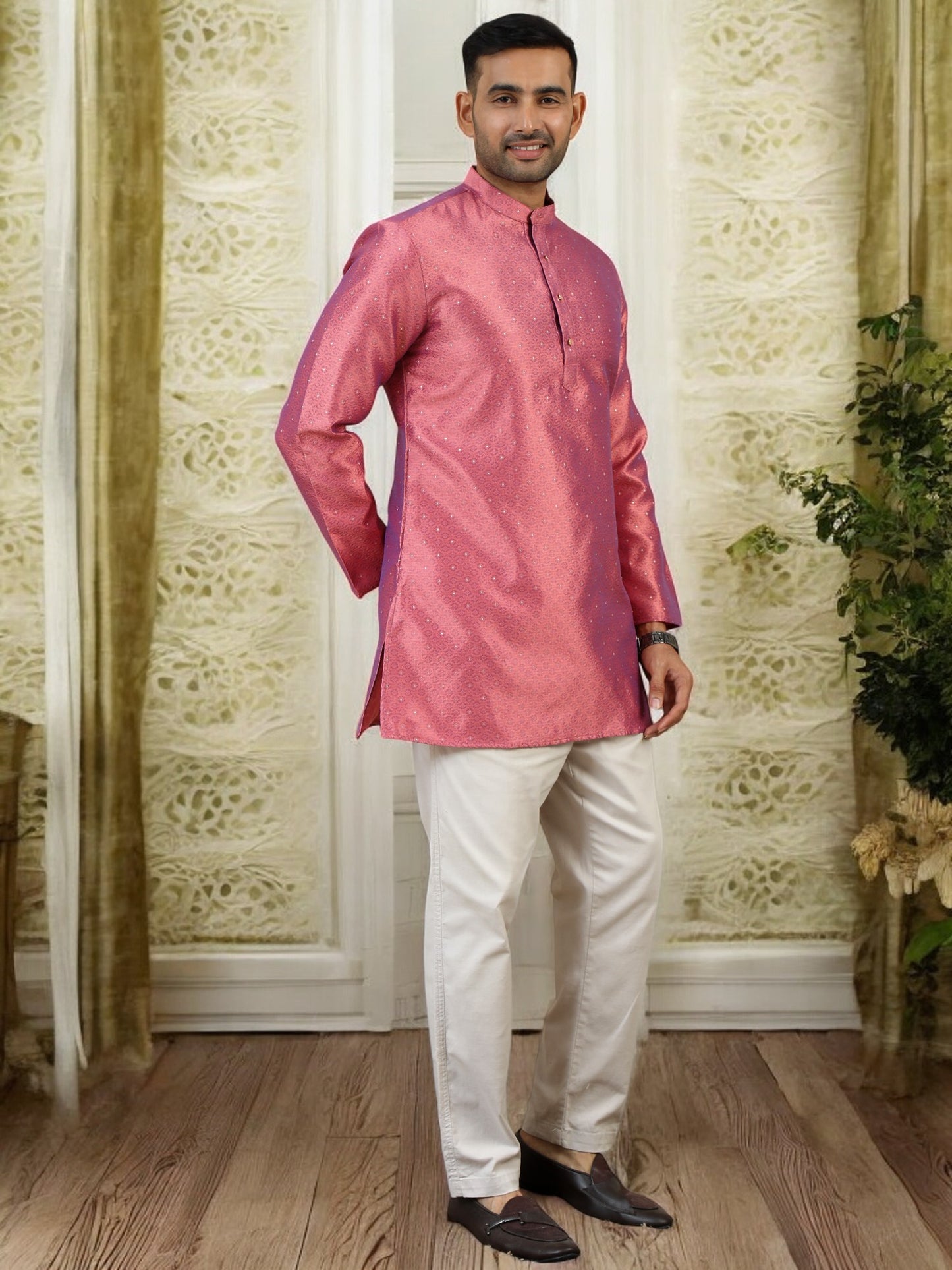 Tattva Men Pink Thread Work Kurta