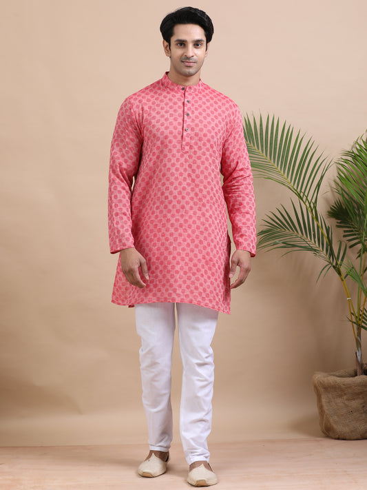 Tattva Woven Design Mandarin Collar Thread Work Cotton Straight Kurta
