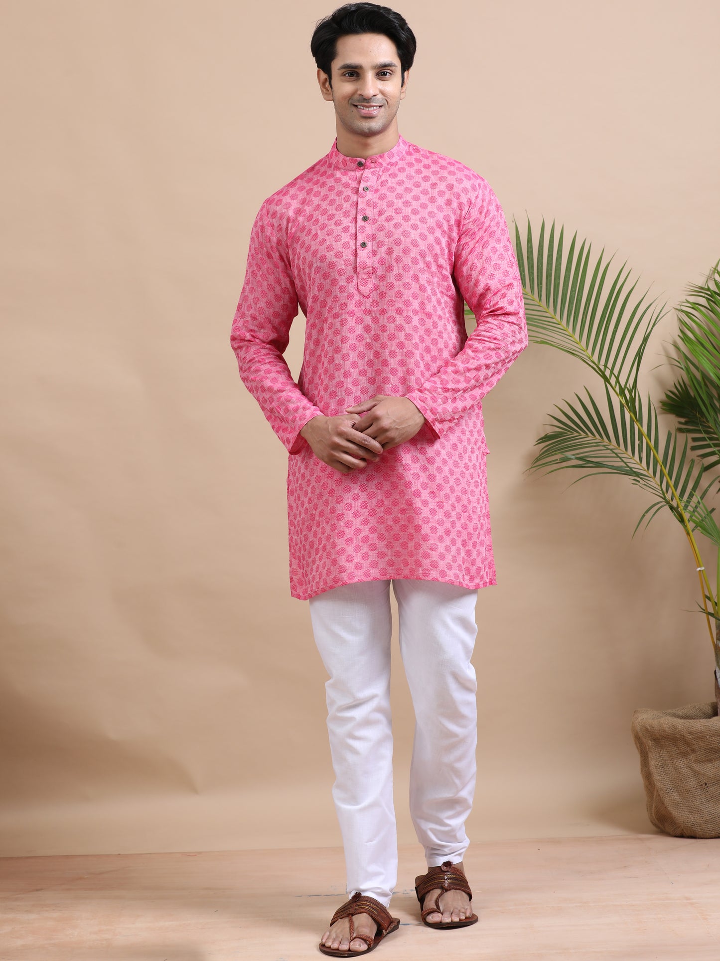 Tattva Woven Design Mandarin Collar Thread Work Cotton Straight Kurta