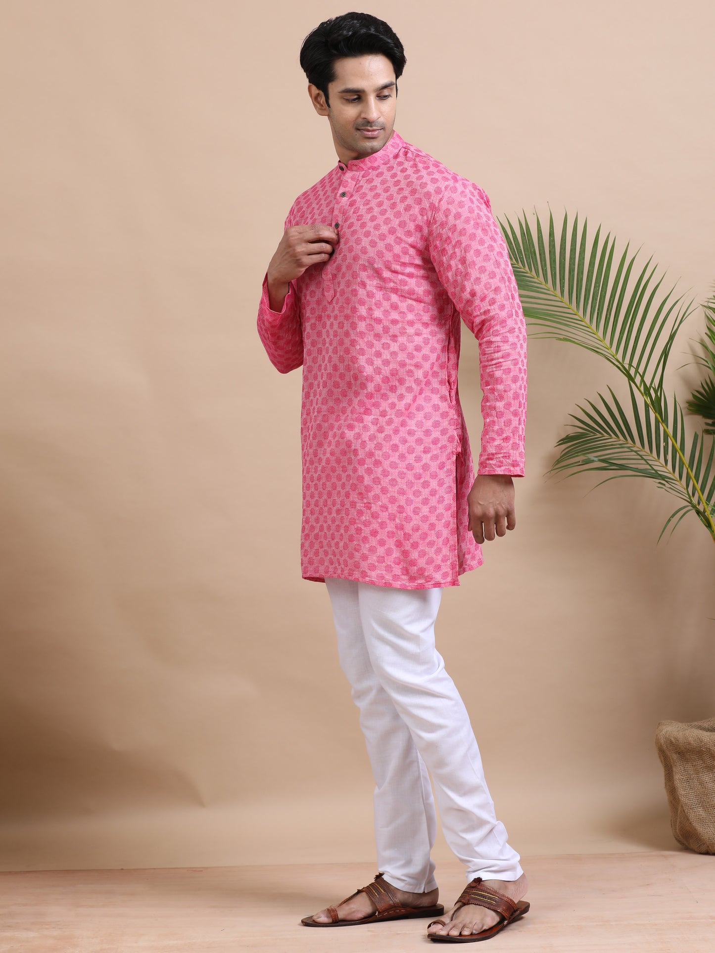 Tattva Woven Design Mandarin Collar Thread Work Cotton Straight Kurta