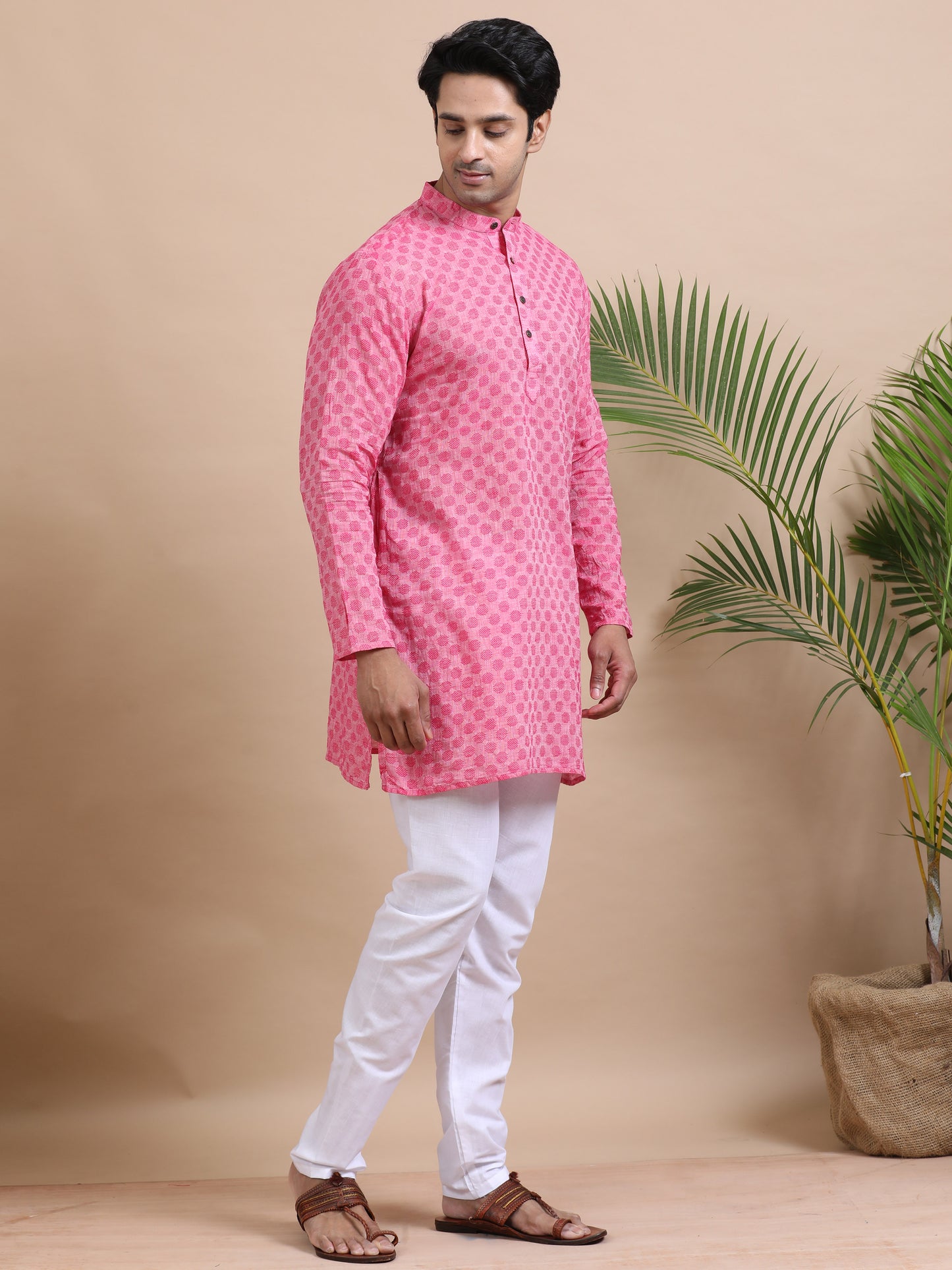 Tattva Woven Design Mandarin Collar Thread Work Cotton Straight Kurta