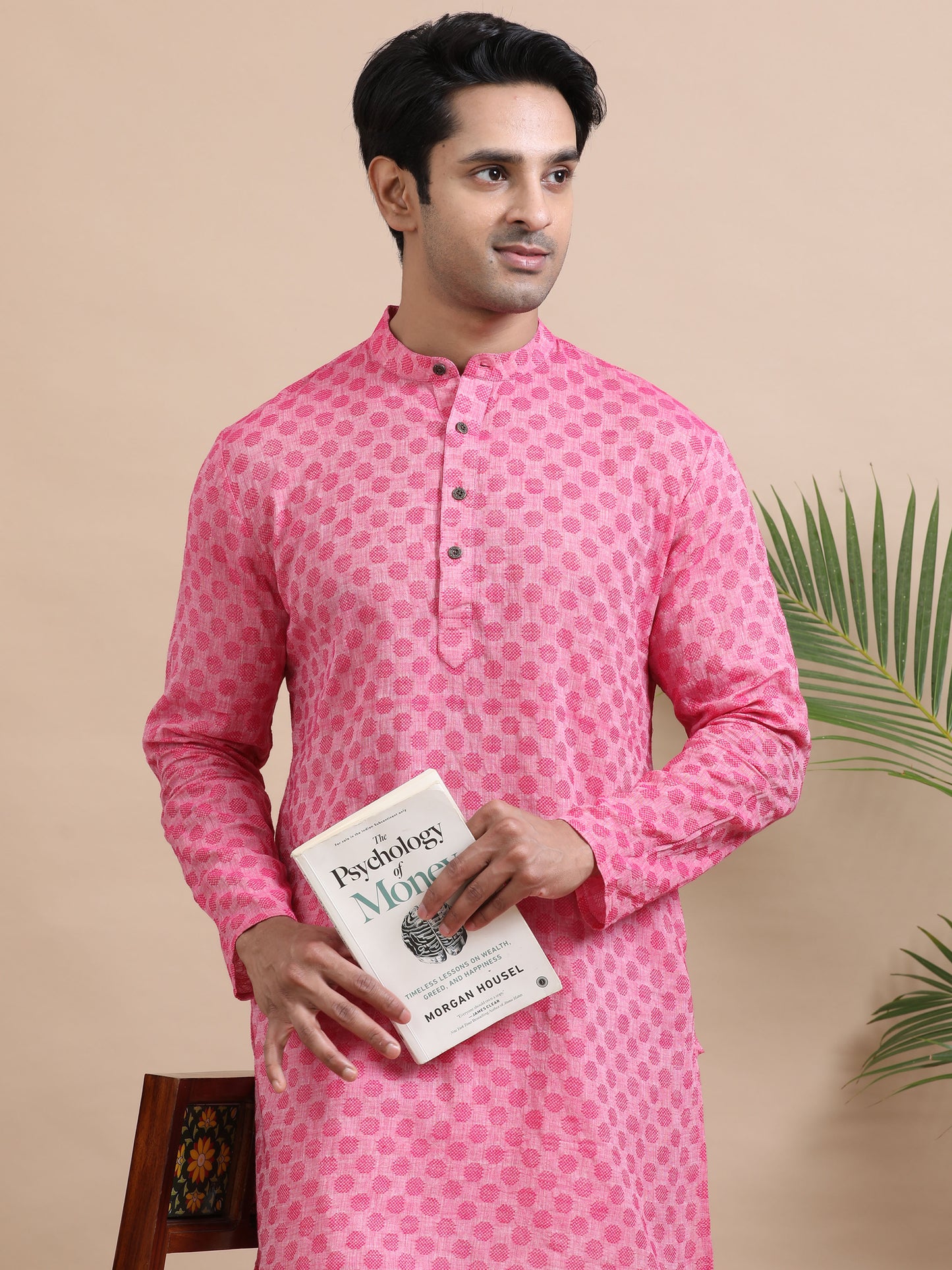 Tattva Woven Design Mandarin Collar Thread Work Cotton Straight Kurta