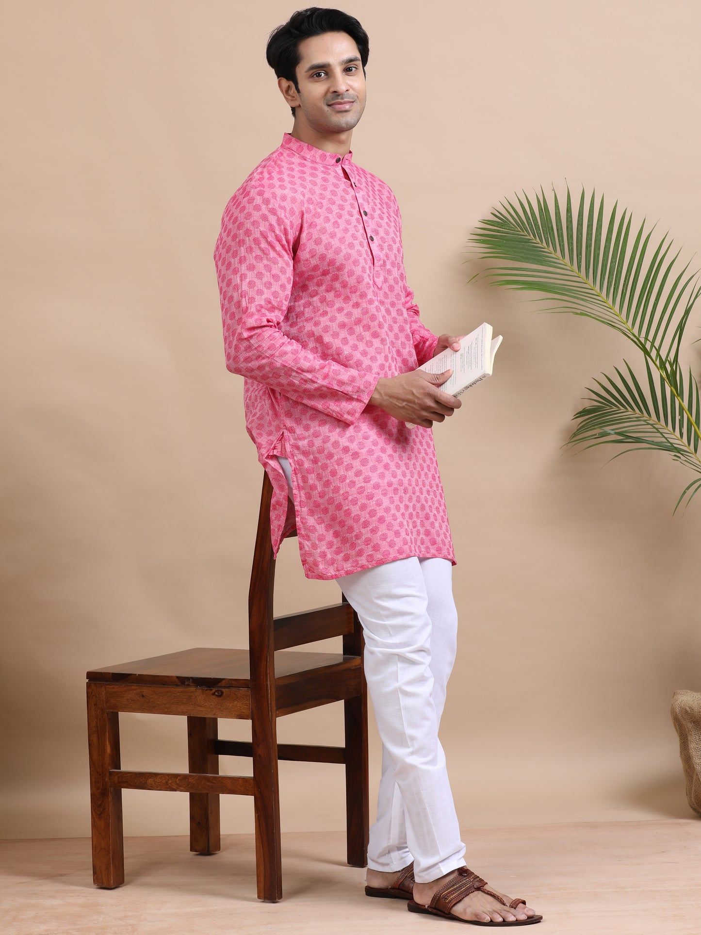 Tattva Woven Design Mandarin Collar Thread Work Cotton Straight Kurta