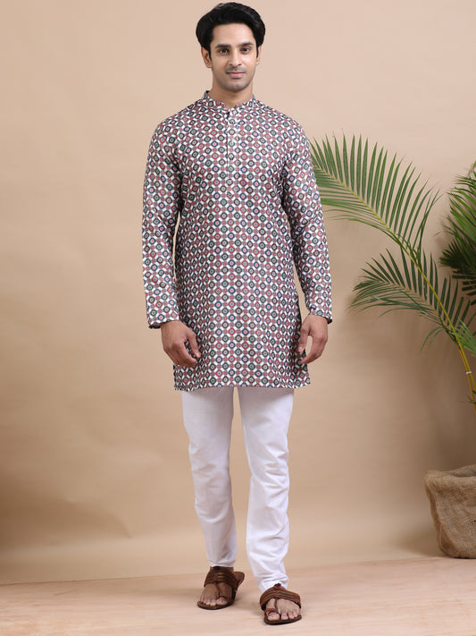 Tattva Geometric Printed Mandarin Collar Cotton Straight Short Kurta