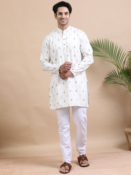 Tattva Geometric Printed Mandarin Collar Cotton Straight Short Kurta