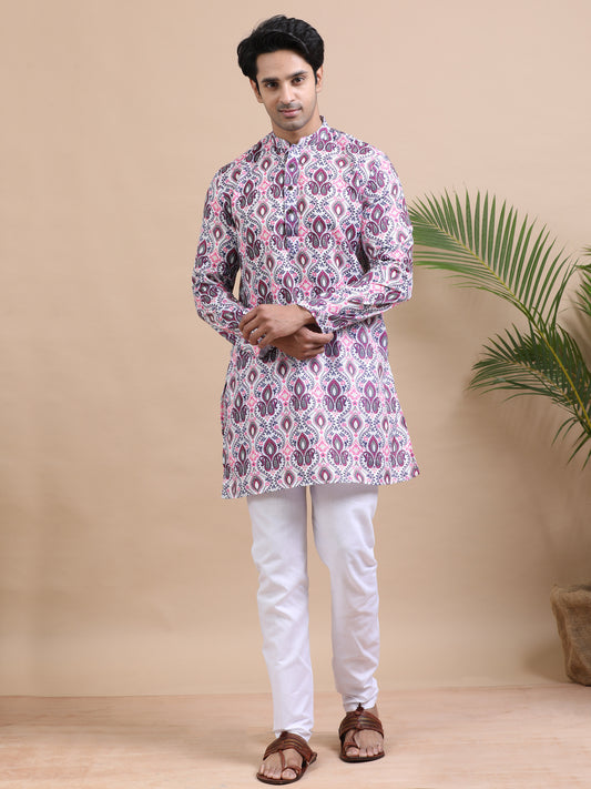 Tattva Paisley Printed Mandarin Collar Cotton Straight Short Kurta