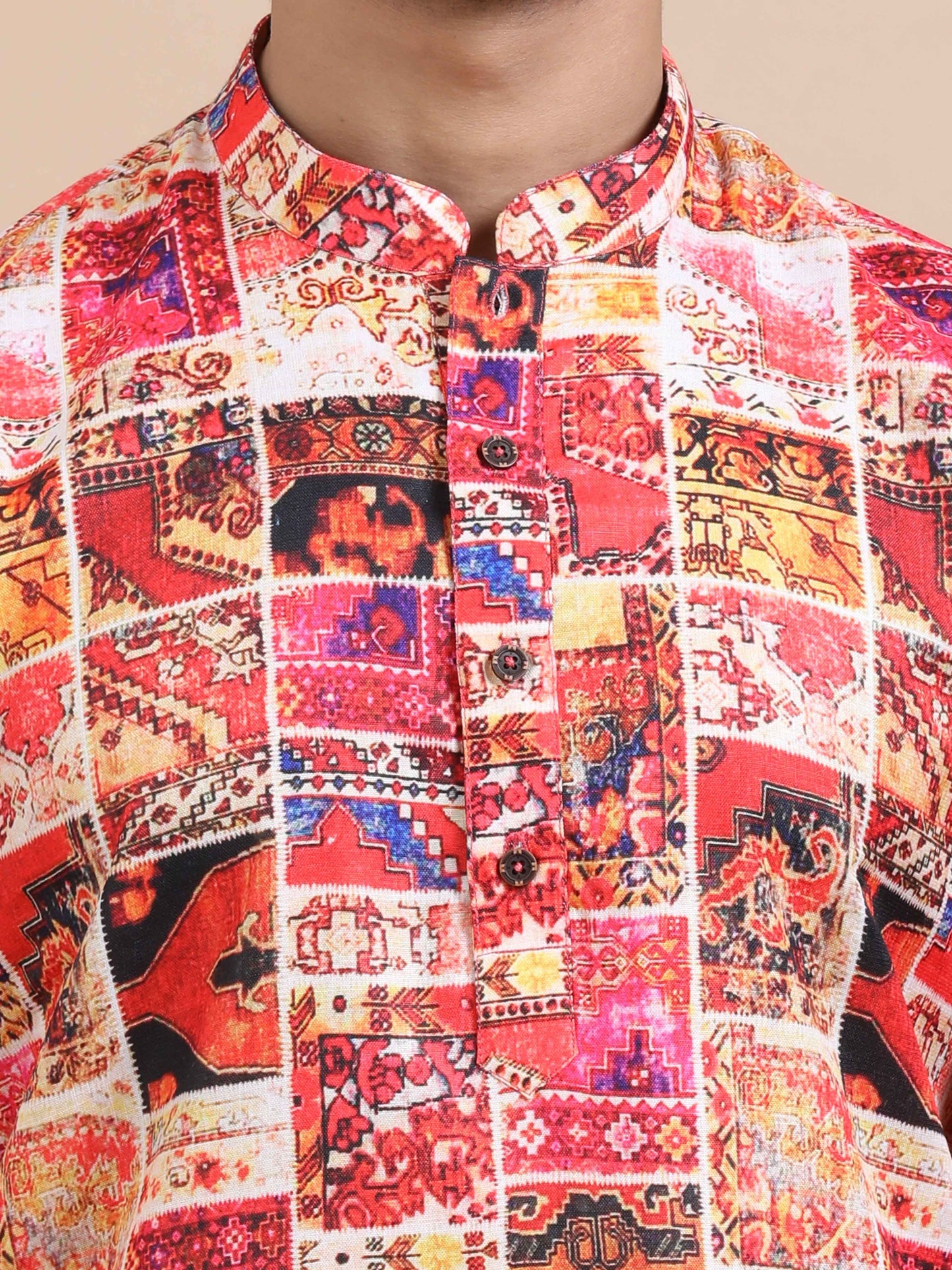 Tattva Printed Mandarin Collar Cotton Straight Short Kurta