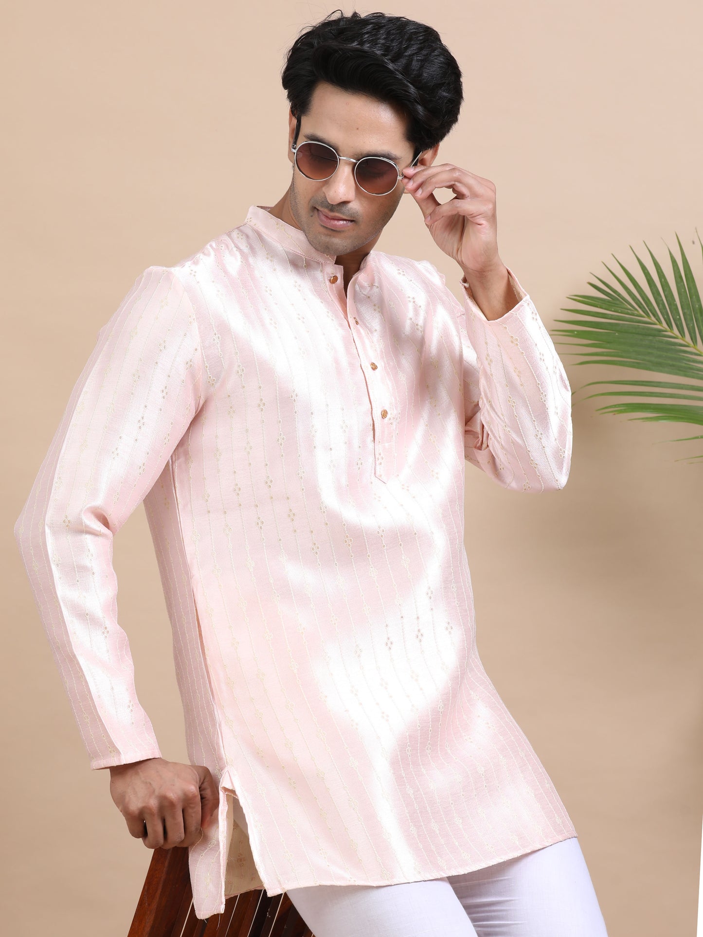 Tattva Pink Toned Striped Design Chikankari Kurta