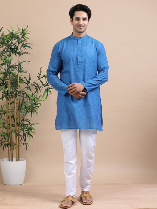 Tattva Geometric Woven Design Mandarin Collar Pure Cotton Short Kurta