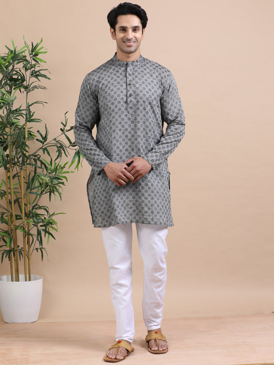 Tattva Woven Design Mandarin Collar Thread Work Cotton Straight Kurta