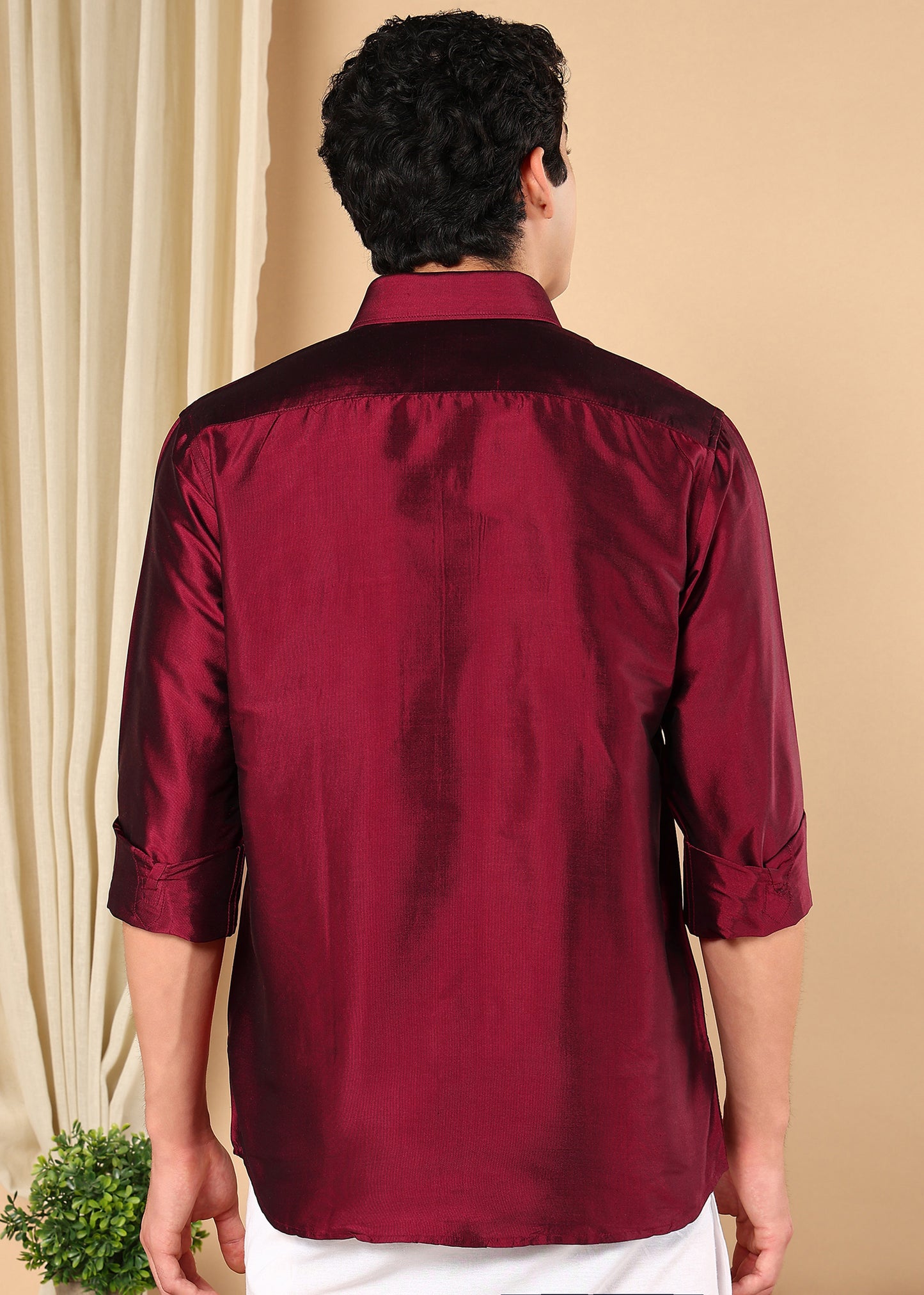 Tattva Men Maroon Toned Pure Silk Solid Opaque Shirt