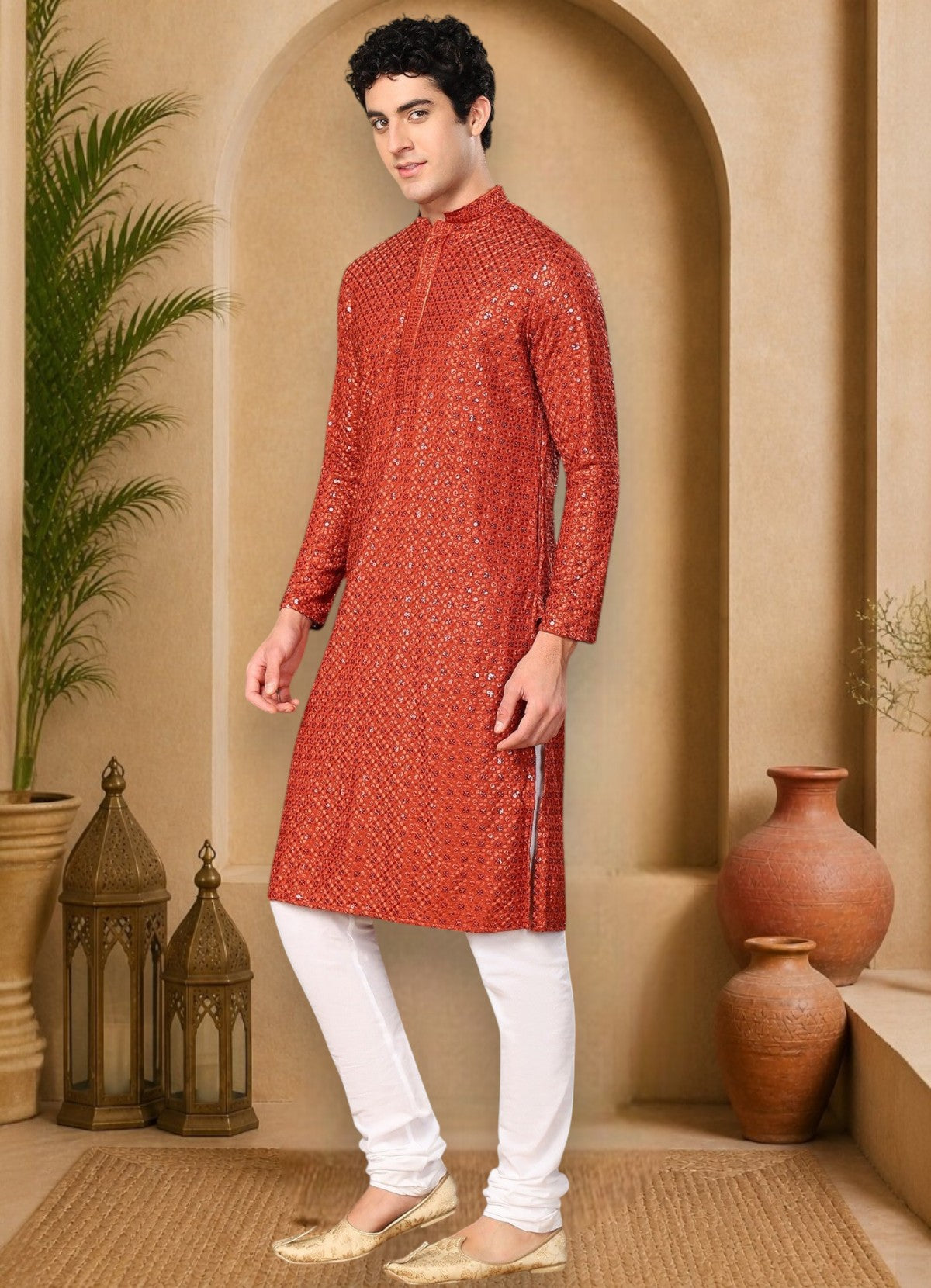 Tattva Candy Red Toned Sequined Thread Work Long Kurta With Pyjama