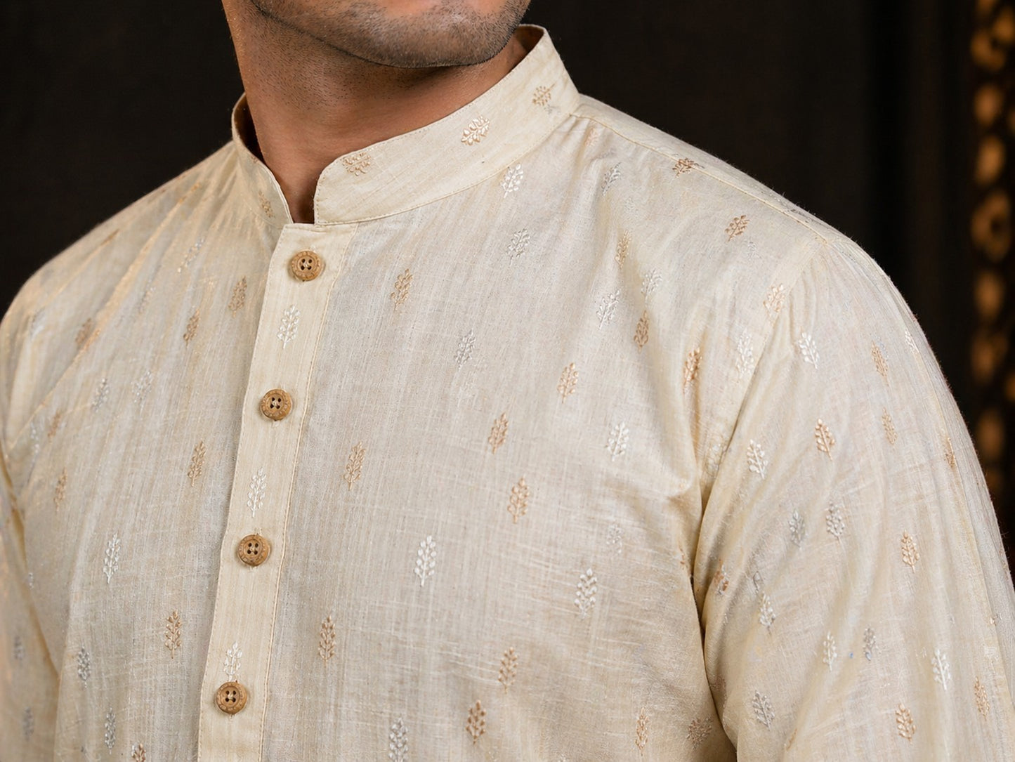 Tattva Men Cream Embroidered Pure Cotton Kurta with Pyjamas