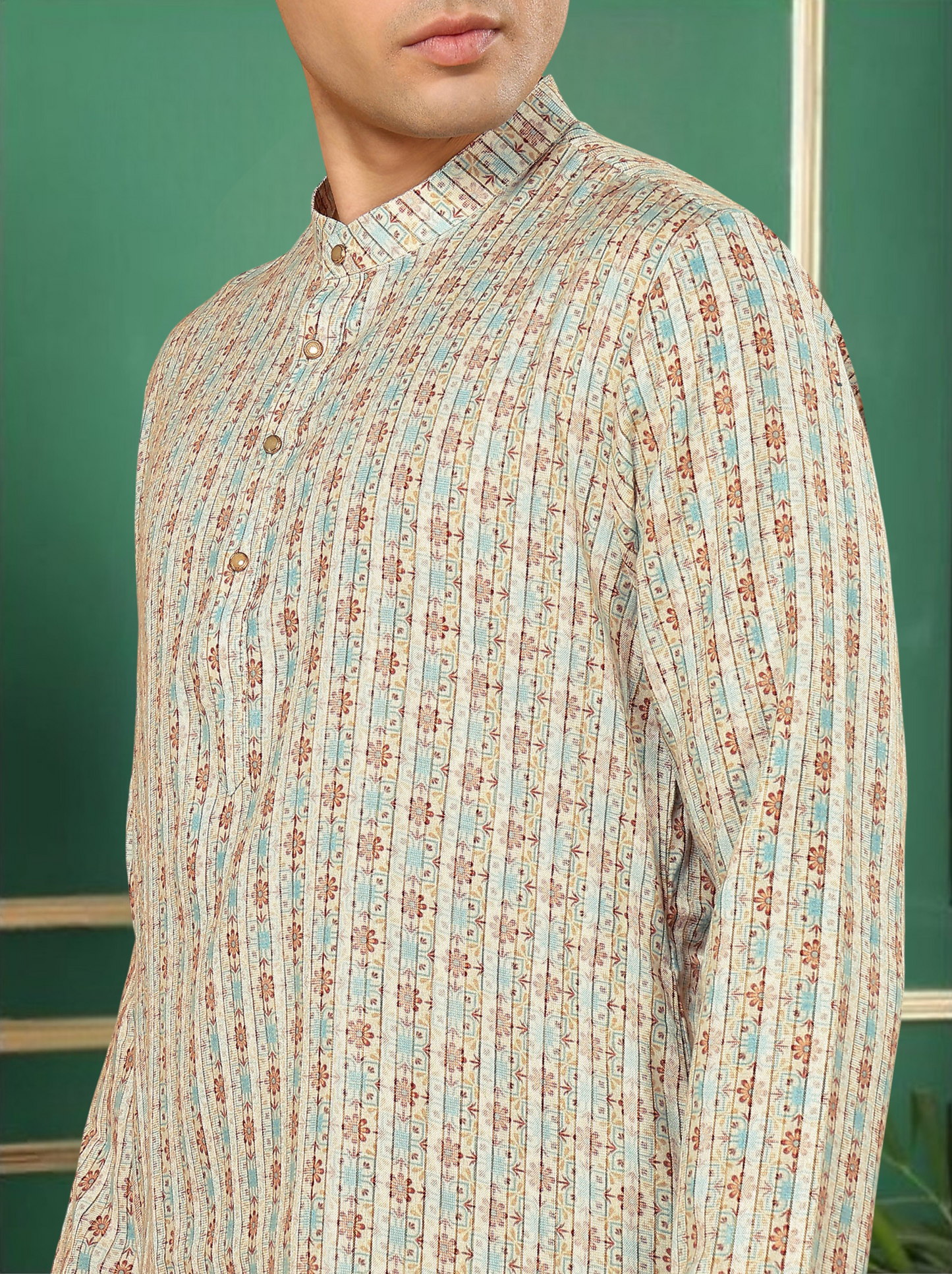 Tattva Men Floral and Striped Short Kurta