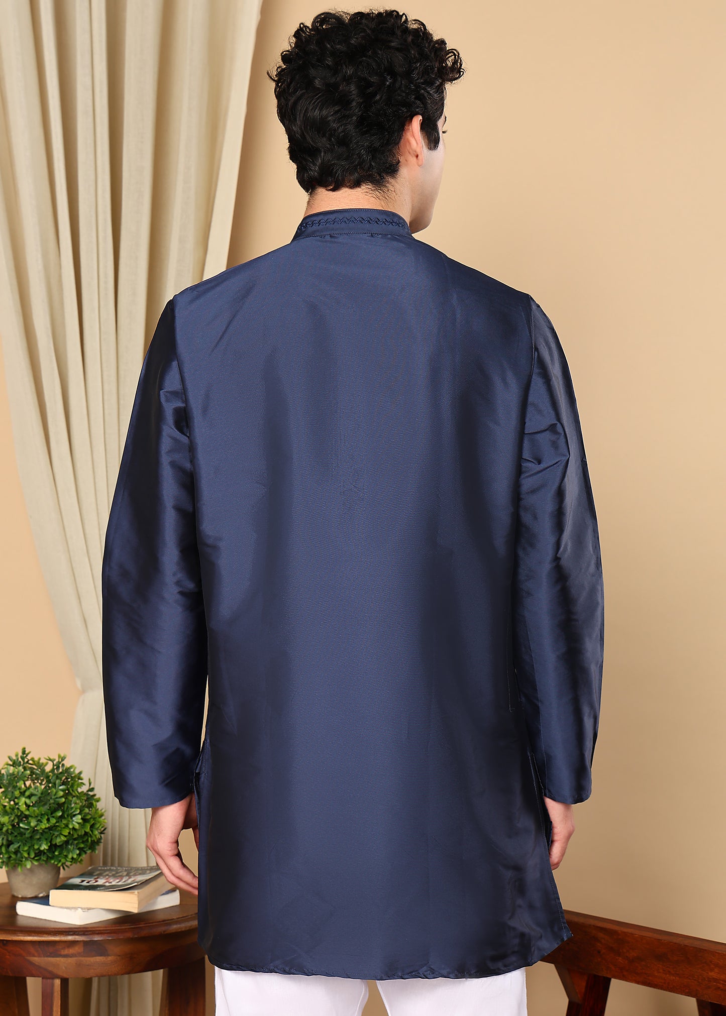 Tattva Men Navy Blue Solid Short Kurta