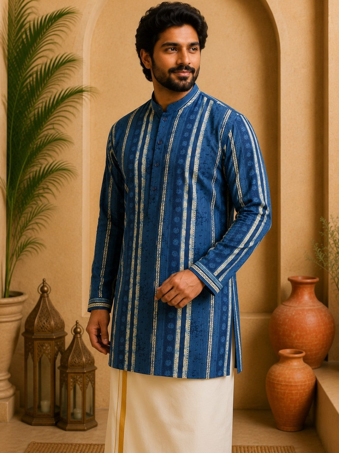 Tattva Men Blue Stripes Printed Super Short Kurta