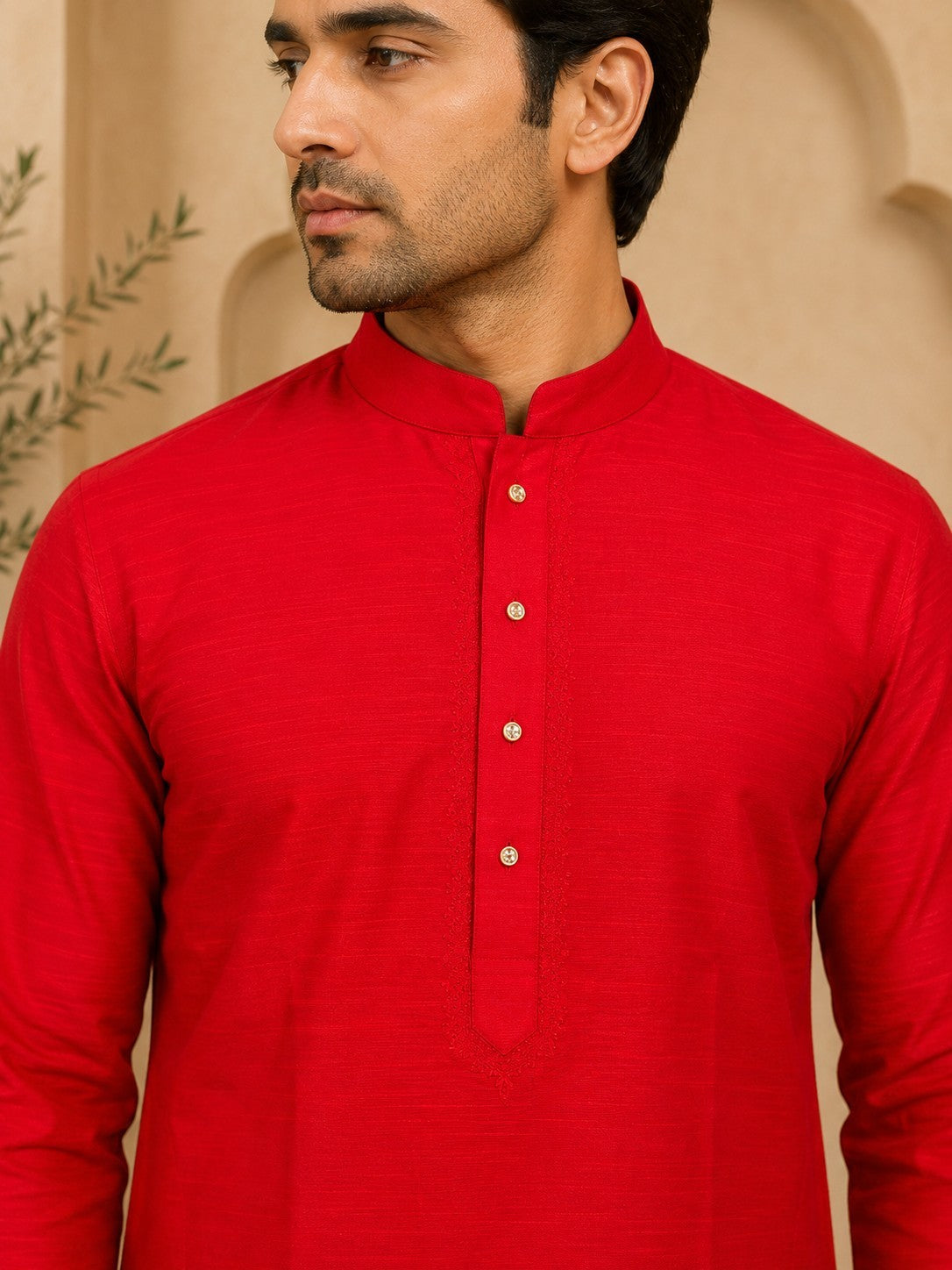Tattva Red Toned Embroidered Cotton Short Kurta