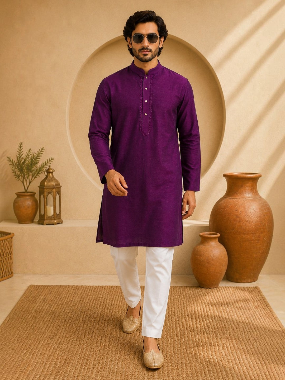 Tattva Men Embroidered Solid Short Kurta