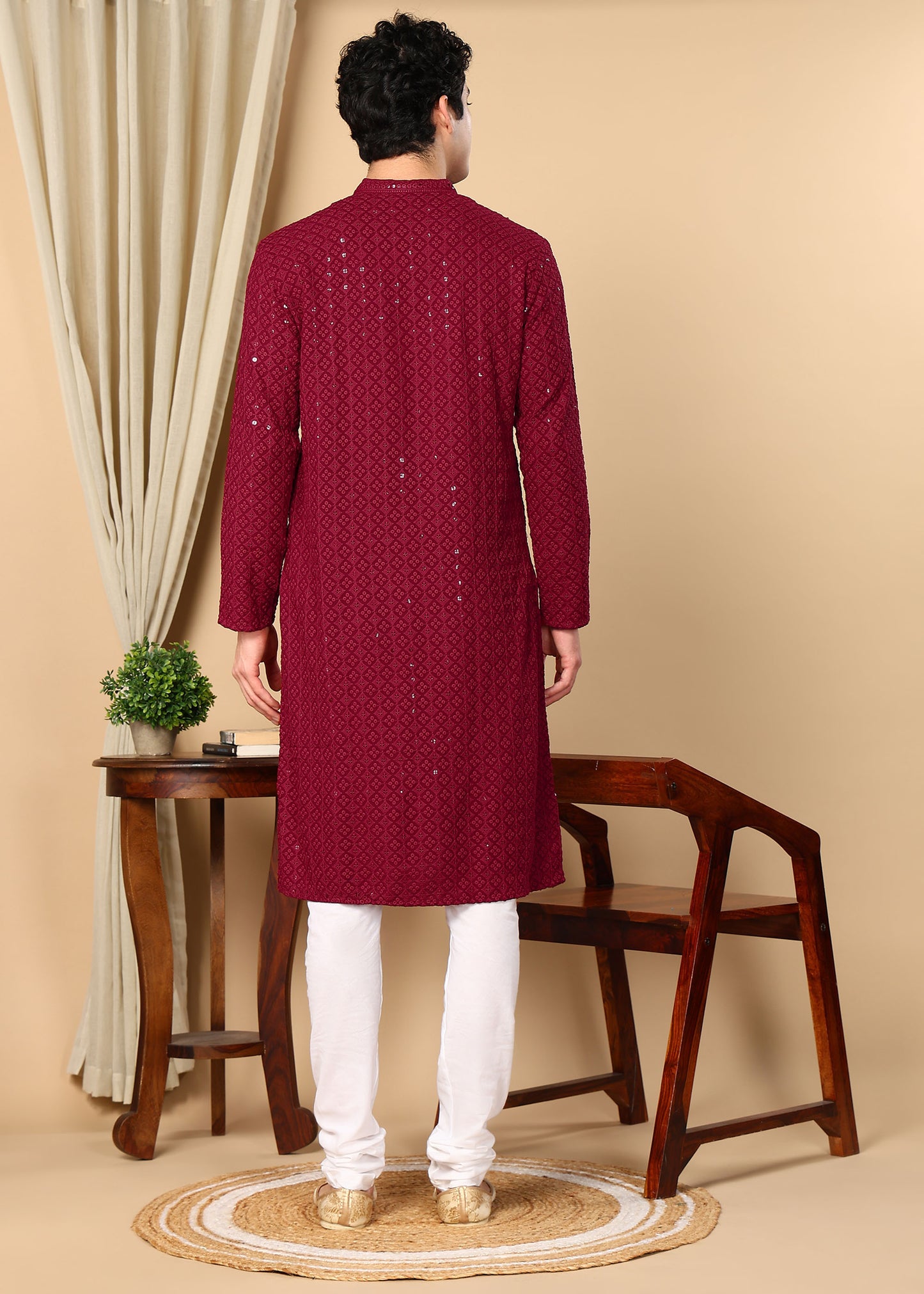 Tattva Floral Embroidered Sequined Mandarin Collar Straight Kurta