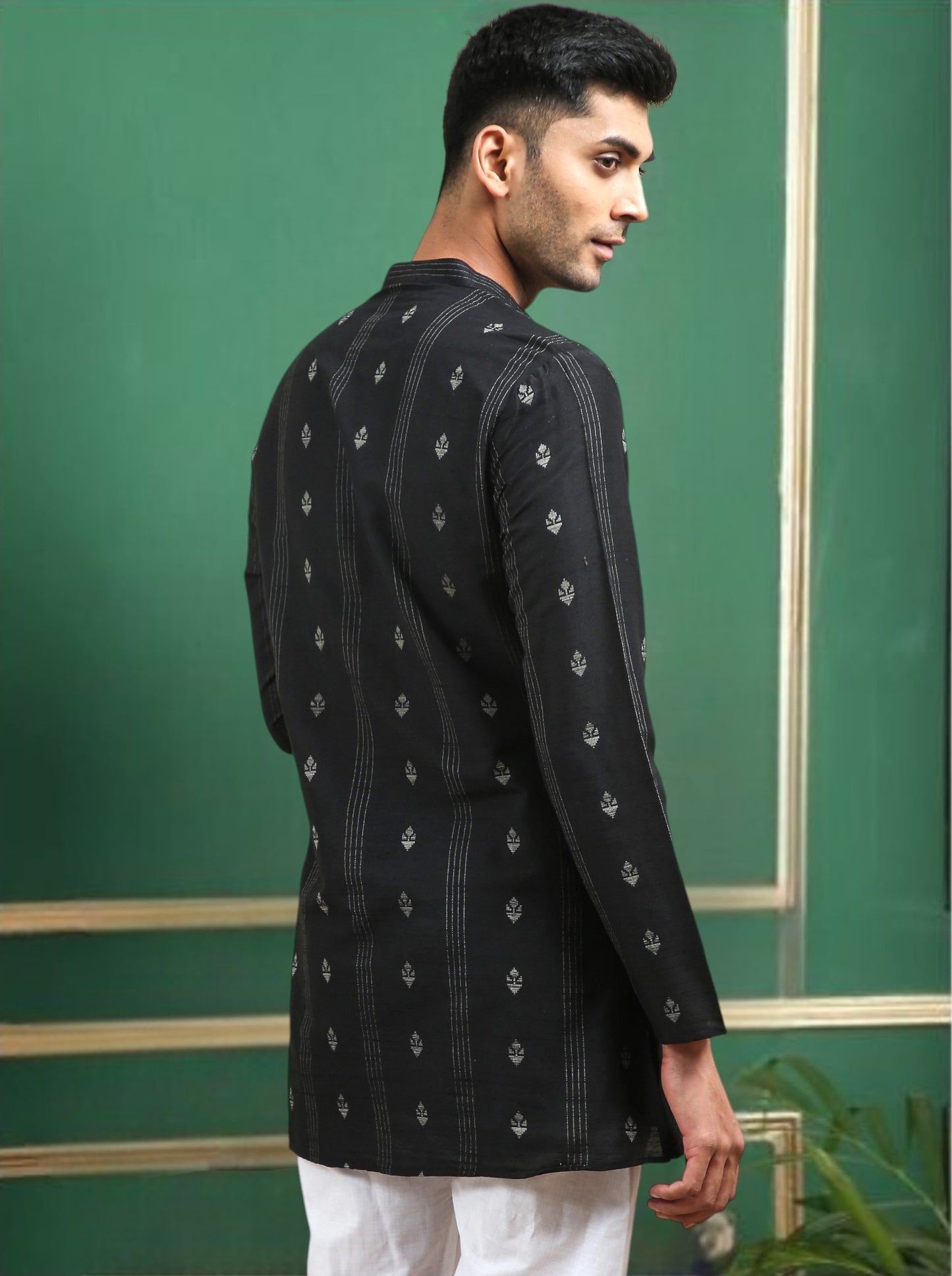Tattva Black Toned Woven Design Cotton Short Kurta