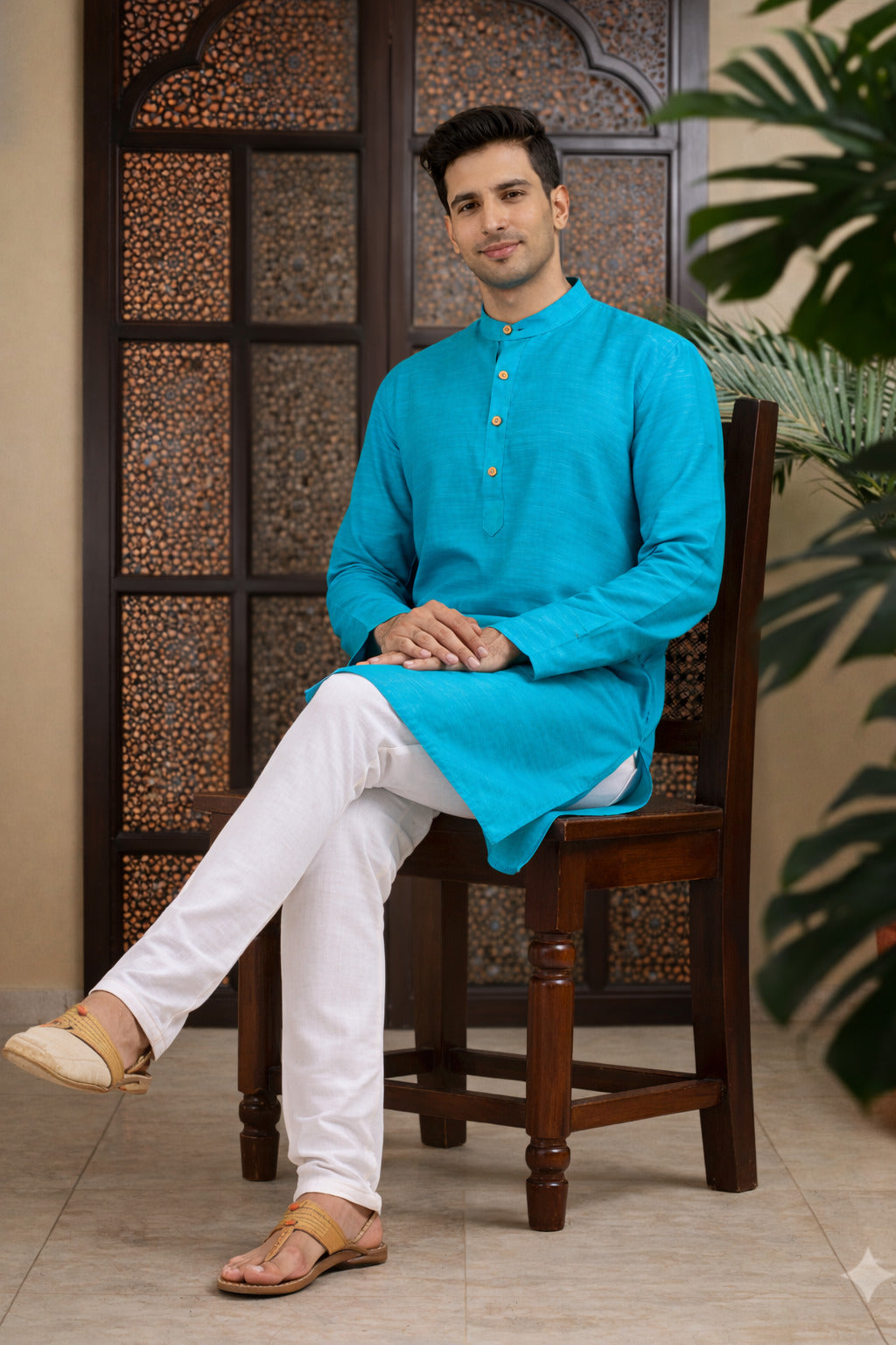 Tattva Men Solid Pure Cotton Short Kurta with Mandarin Collar